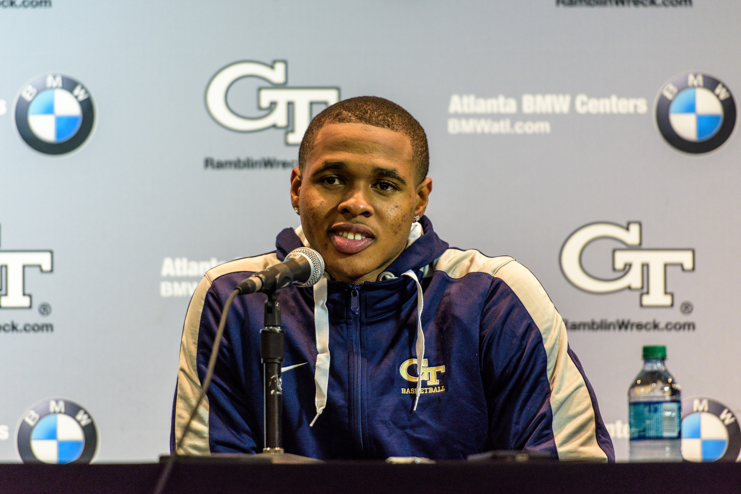 Marcus Georges-Hunt (3) talks to the media in the postgame press conference