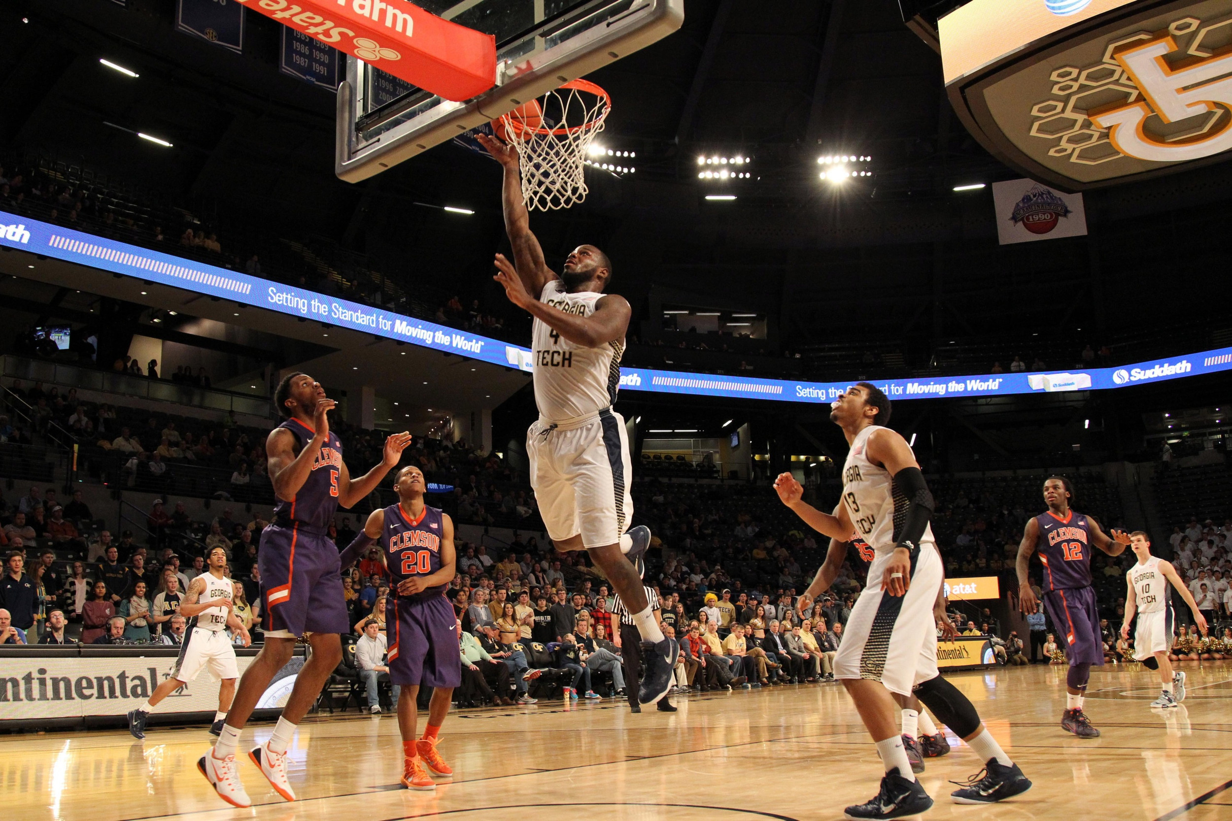 Georgia Tech Yellow Jackets center Demarco Cox (4) shoots a lay up against the Clemson Tigers in the second half at McCamish Pavilion. Georgia Tech defeated Clemson 63-52. Mandatory Credit: Brett Davis-USA TODAY Sports