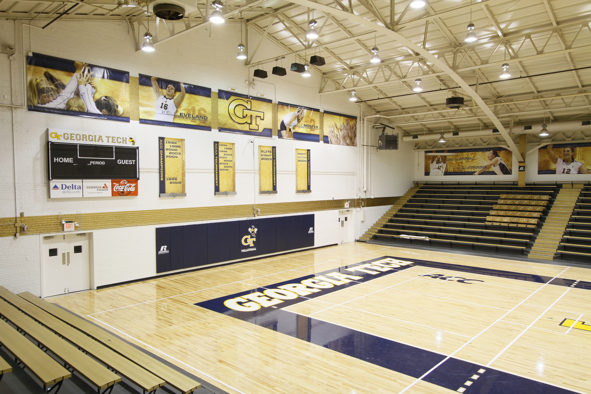 O'Keefe Gym has a new look with a new floor and banners.