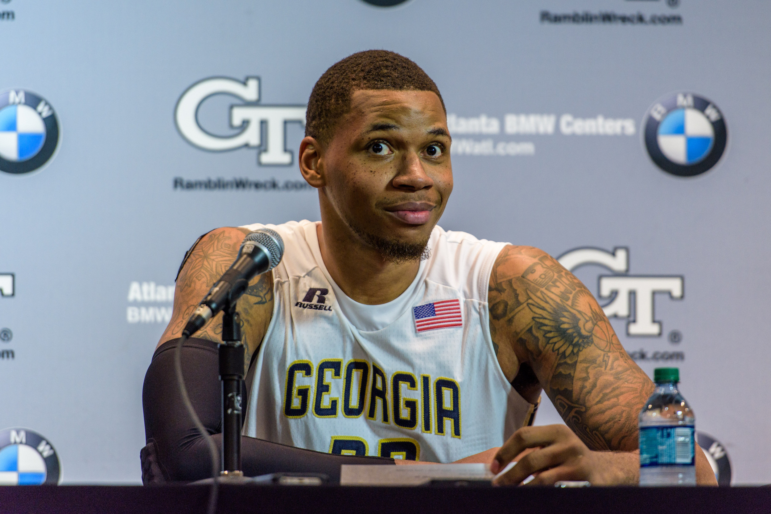 Nick Jacobs (32) talks to the media in the postgame press conference