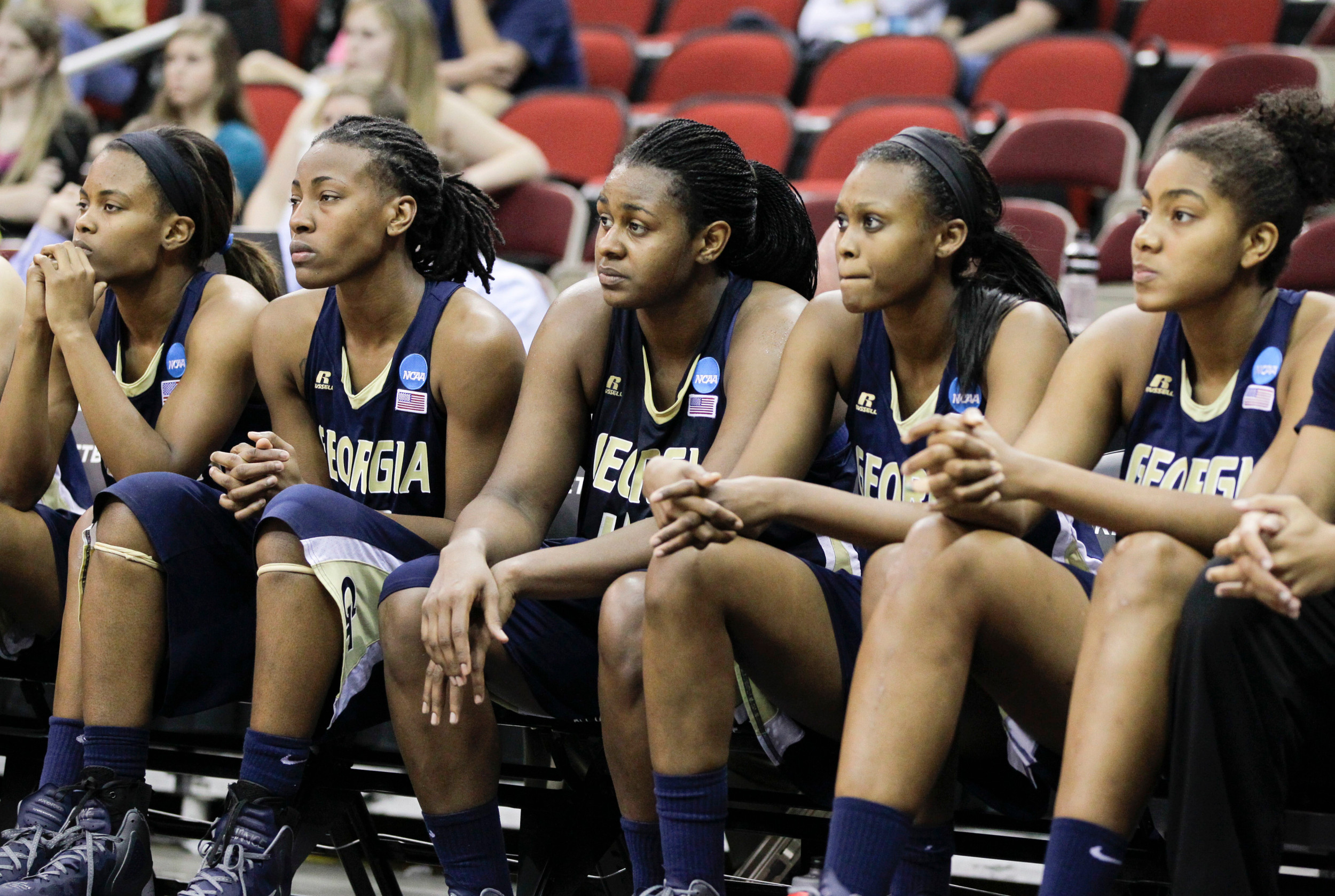 Georgia Tech players, including Sasha Goodlett, center, watch the closing minutes against Baylor in the second half. (AP Photo/Nati Harnik)