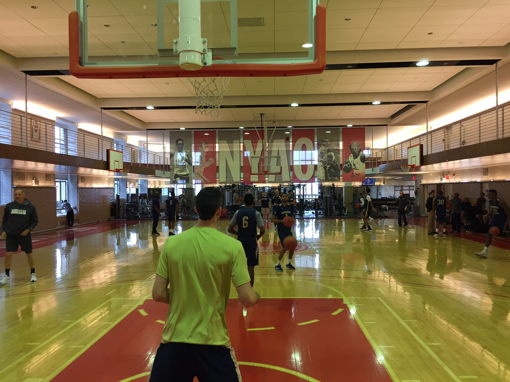 Jackets begin getting up shots before Monday's practice at the New York Athletic Club.