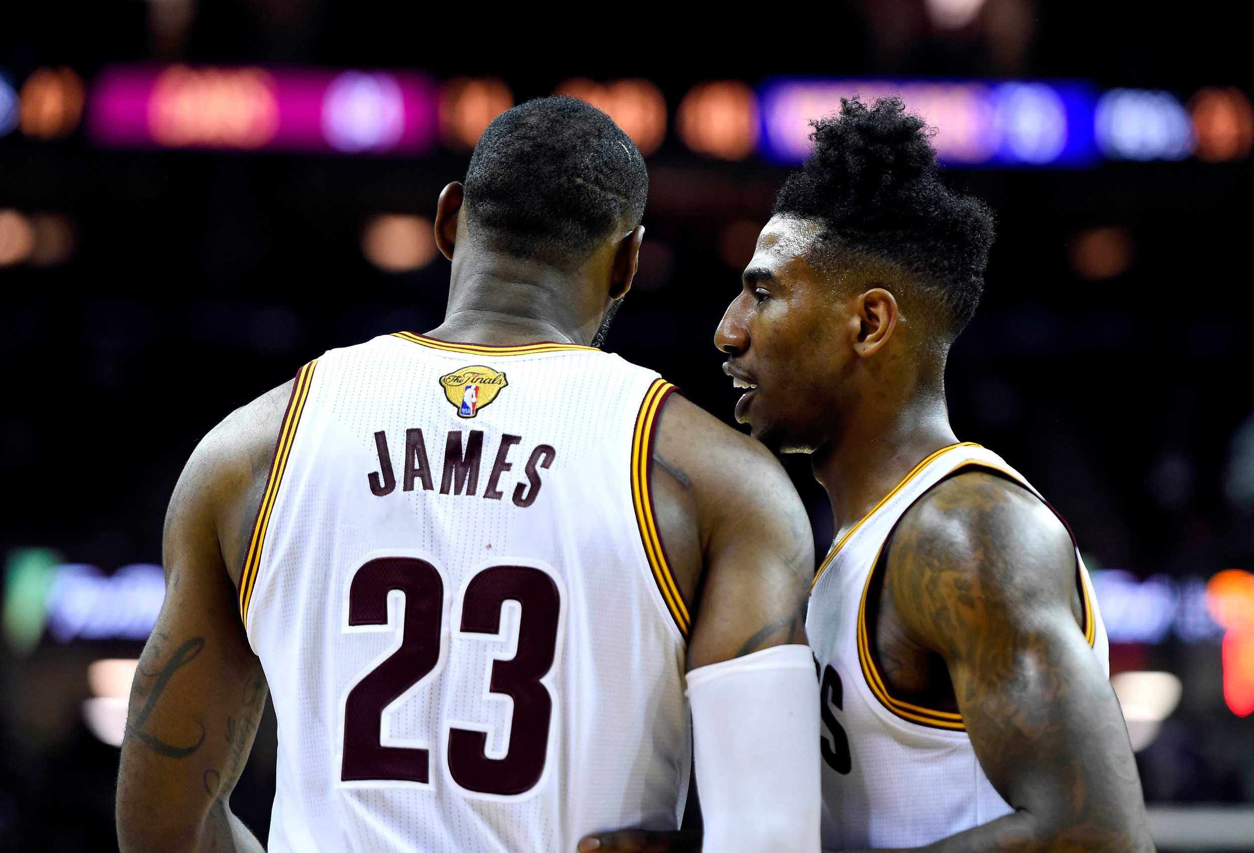 Jun 16, 2016; Cleveland, OH, USA; Cleveland Cavaliers guard Iman Shumpert (4) talks to forward LeBron James (23) during game six of the NBA Finals. Credit: Bob Donnan-USA TODAY Sports