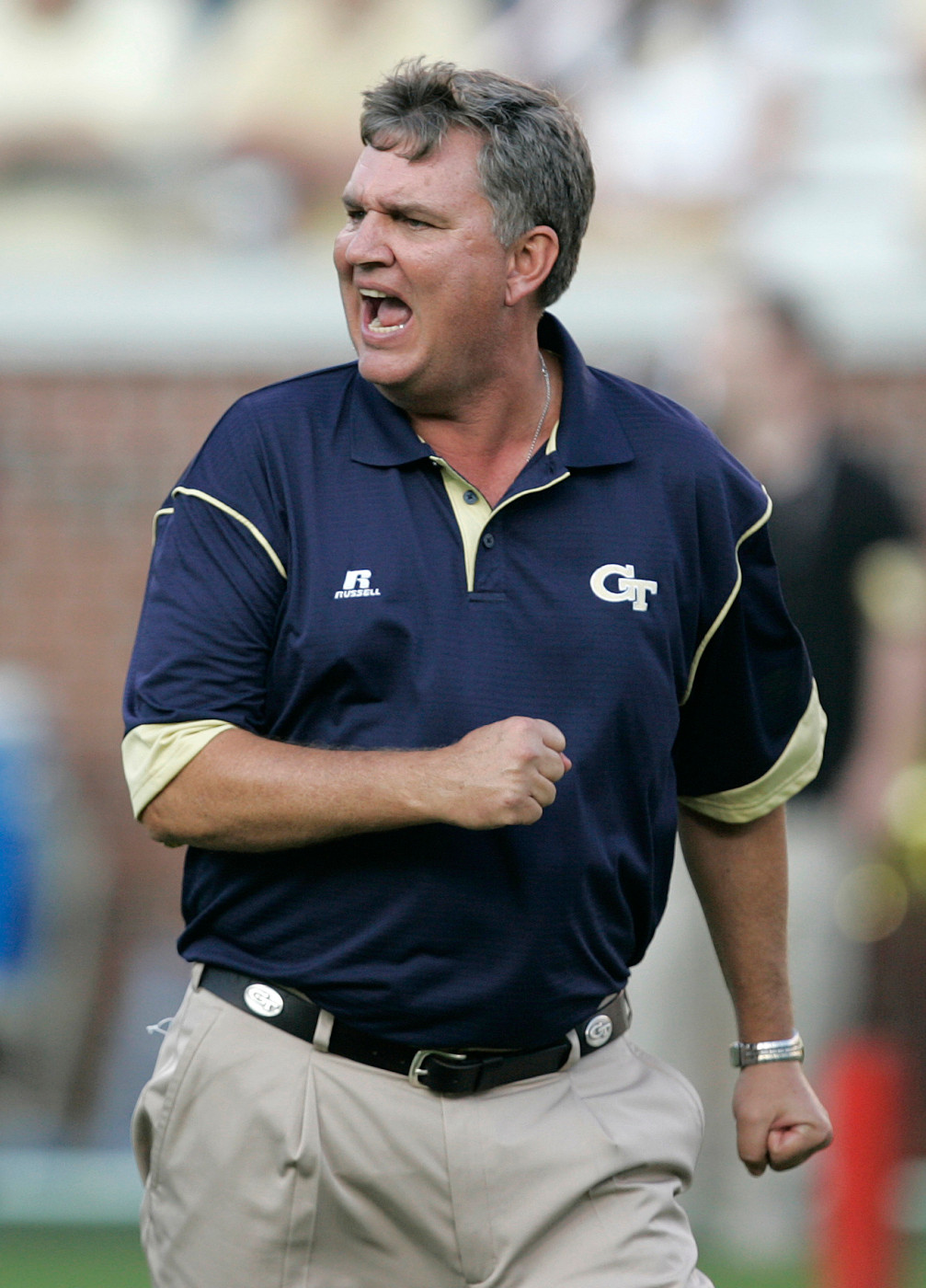 Georgia Tech's first-year head coach Paul Johnson yells to his players before a college football game against Jacksonville State, Thursday, Aug. 28, 2008 in Atlanta. (AP Photo/John Bazemore)