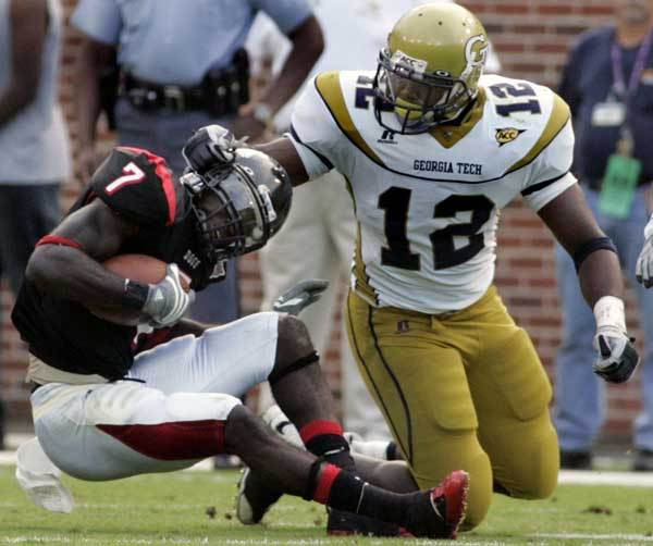 Gardner Webb wide receiver Dobson Collins (7) is brought down by Georgia Tech linebacker Anthony Barnes (12) during the second half.