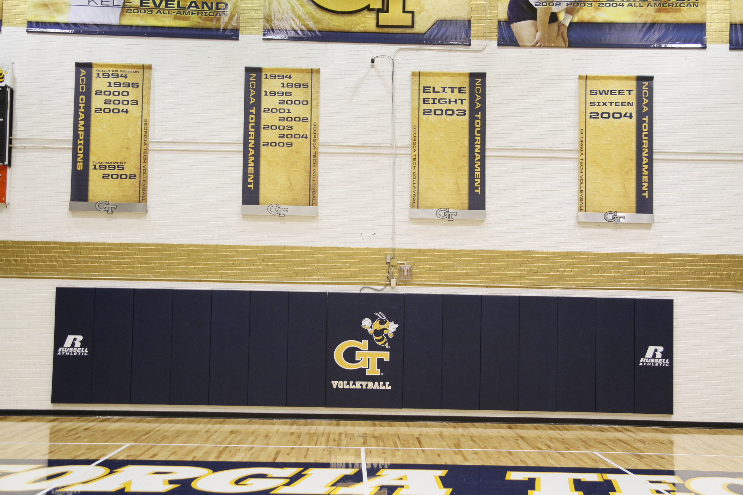 O'Keefe Gym has a new look with a new floor and banners.