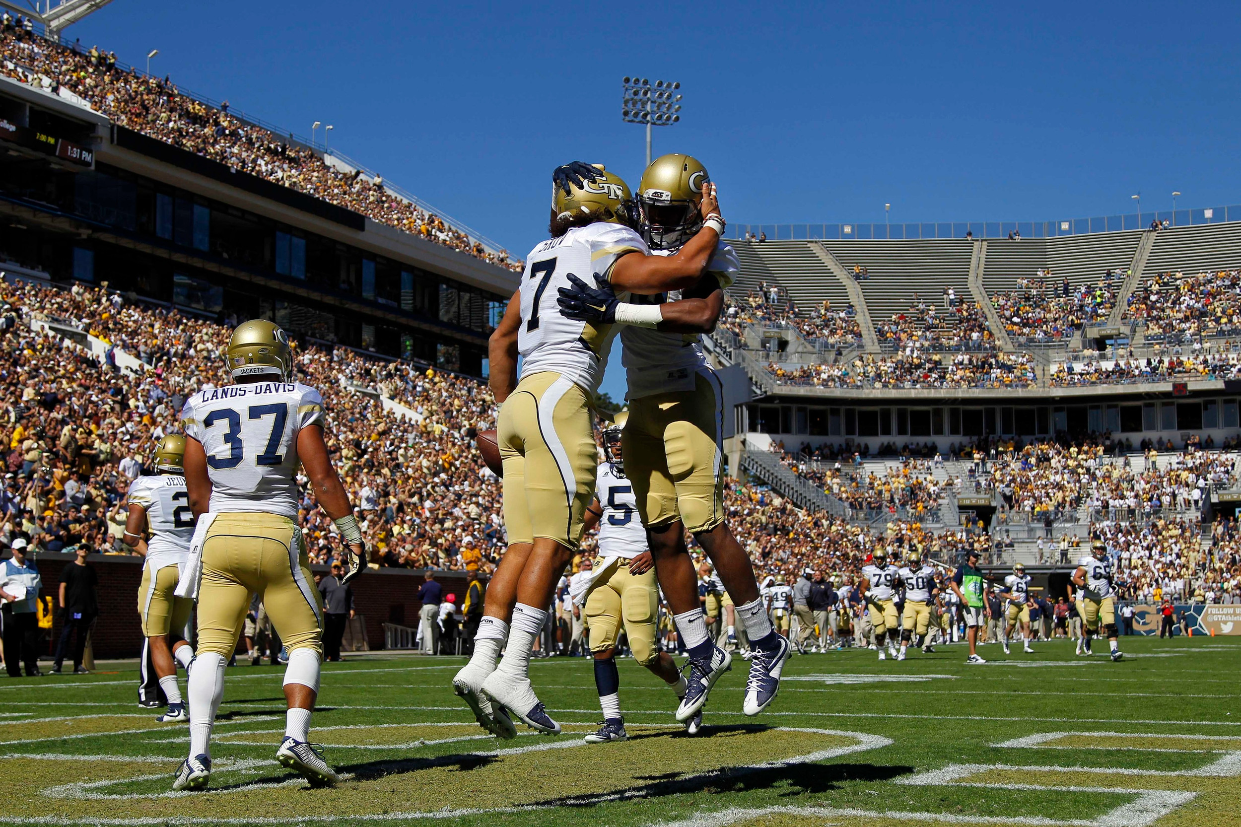Georgia Tech Yellow Jackets running back Patrick Skov (7) celebrates a touchdown with wide receiver Micheal Summers (84) Brett Davis-USA TODAY Sports