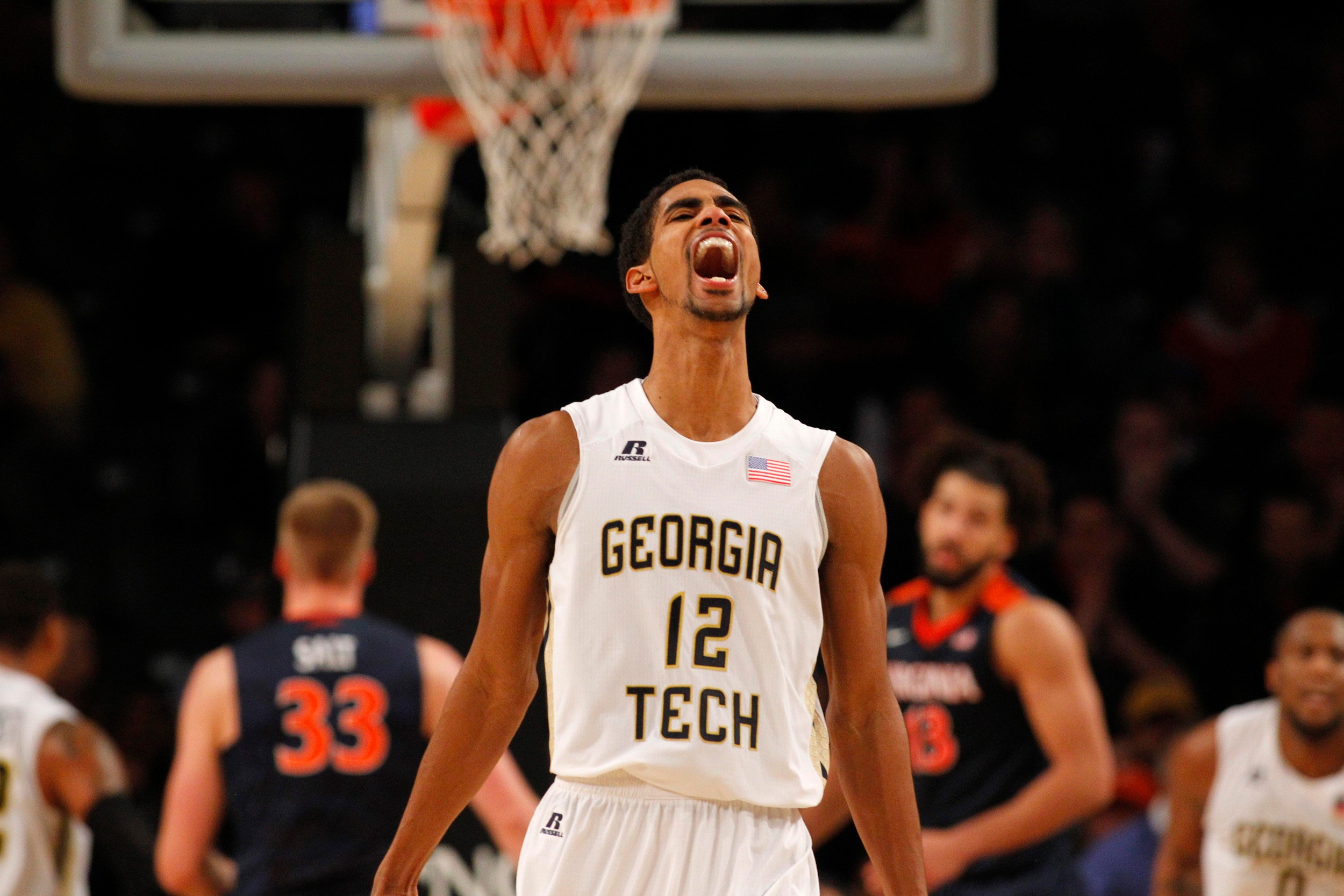 Quinton Stephens shows emotion after a made basket against the Virginia Cavaliers. Brett Davis-USA TODAY Sports