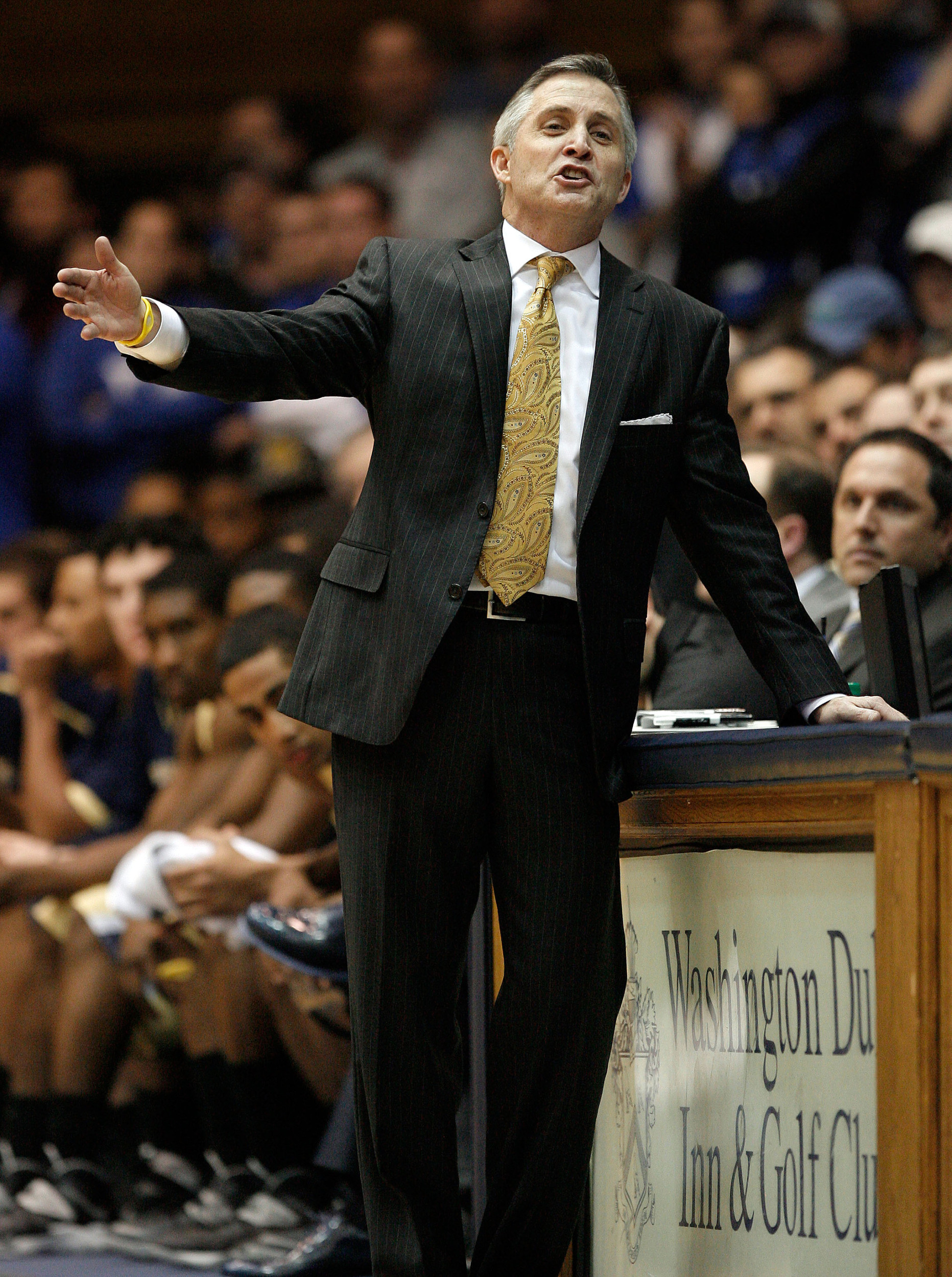 Jan 7, 2014; Durham, NC, USA; Georgia Tech Yellow Jackets head coach Brian Gregory reacts to a call by an official in their game against the Duke Blue Devils at Cameron Indoor Stadium. Mandatory Credit: Mark Dolejs-USA TODAY Sports