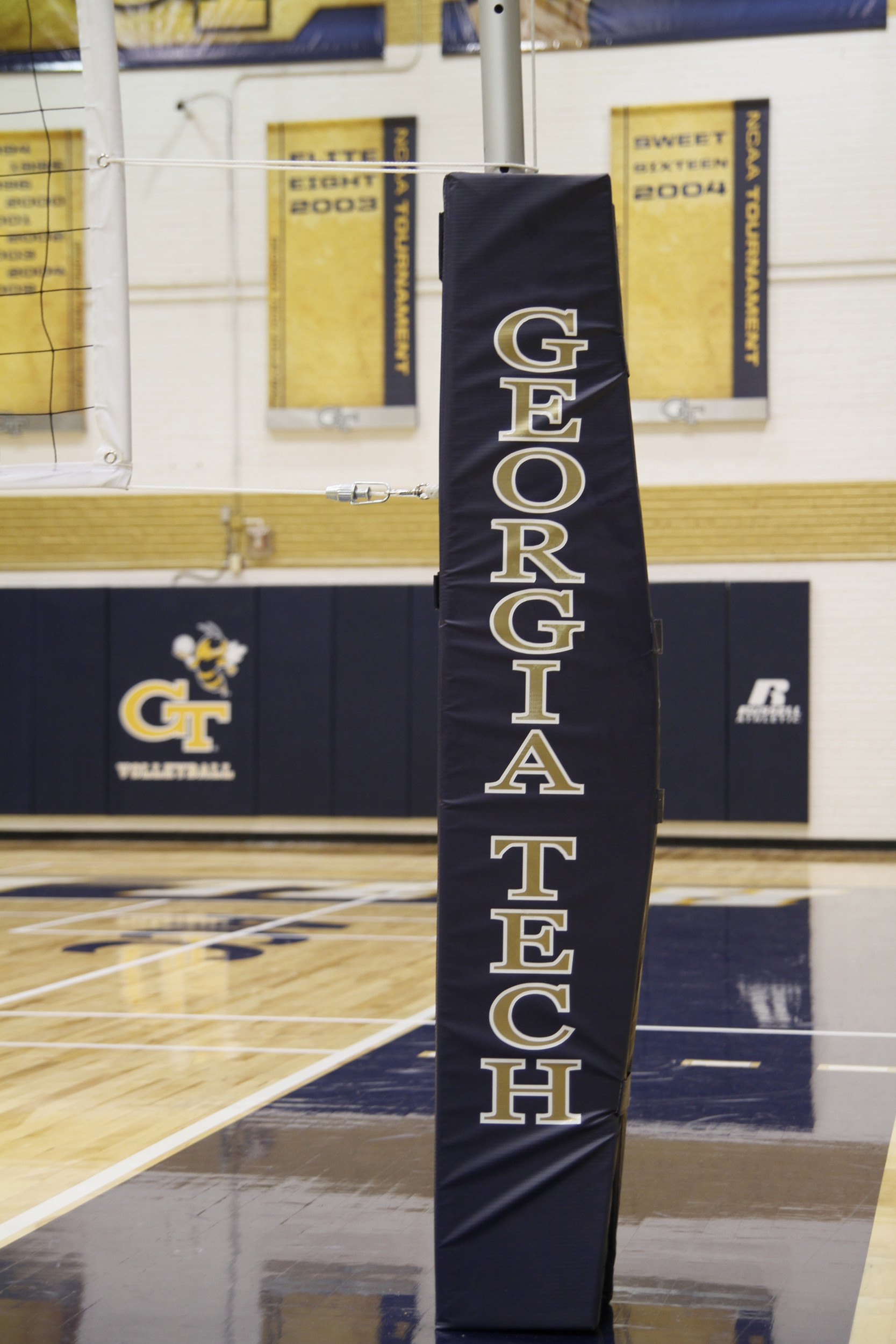 O'Keefe Gym has a new look with a new floor and banners.