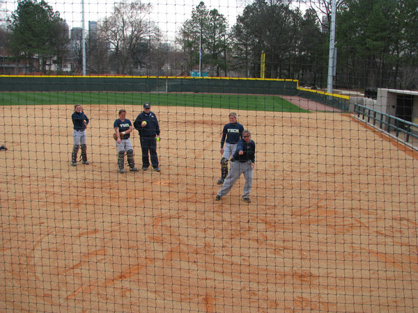 Softball team practices in its new stadium for the first time.