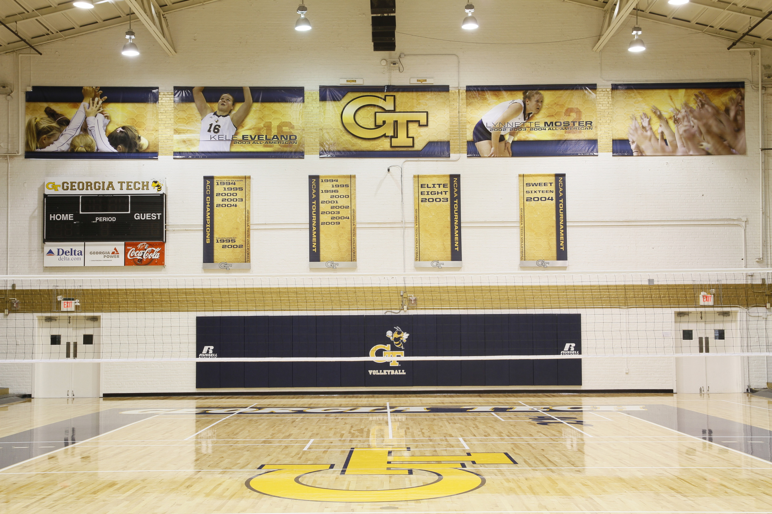 O'Keefe Gym has a new look with a new floor and banners.