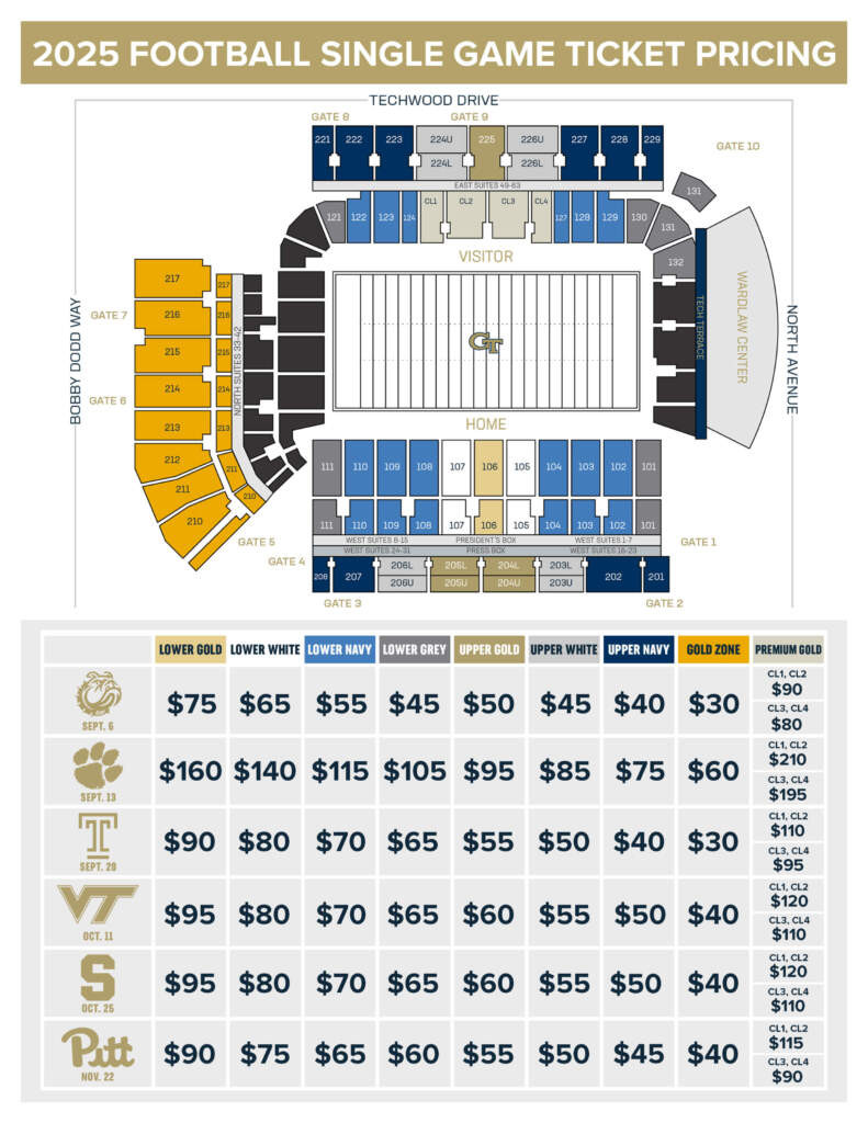 2025 Georgia Tech Football Single Game Ticket Pricing