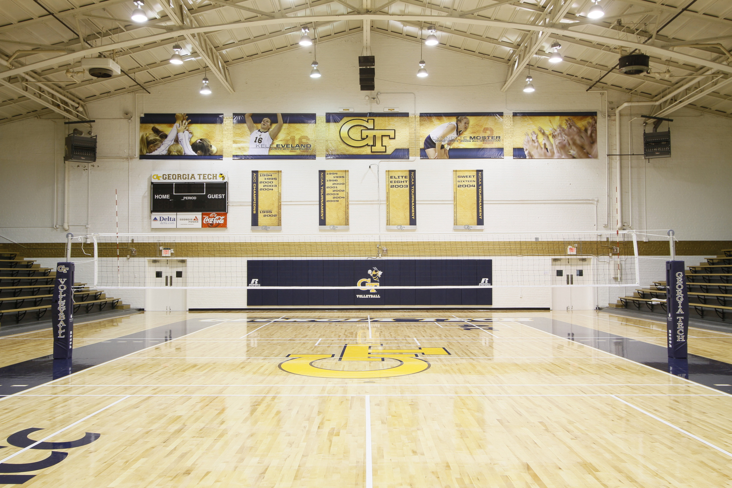 O'Keefe Gym has a new look with a new floor and banners.