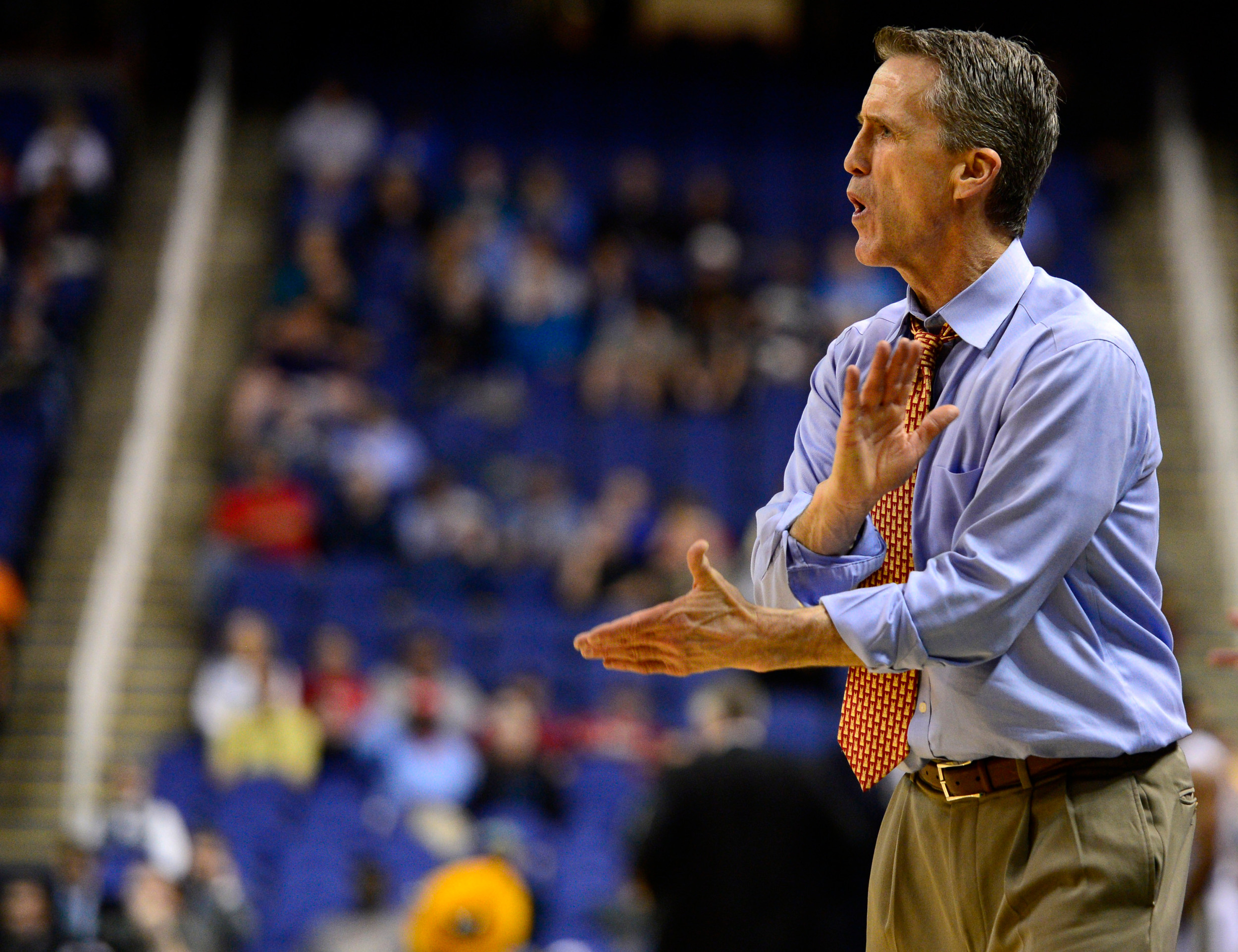 Mar 12, 2014; Greensboro, NC, USA; Boston College Eagles head coach Steve Donahue calls out to his players against the Georgia Tech Yellow Jackets during the first round of the ACC Tournament at Greensboro Coliseum. Mandatory Credit: John David Mercer-USA TODAY Sports