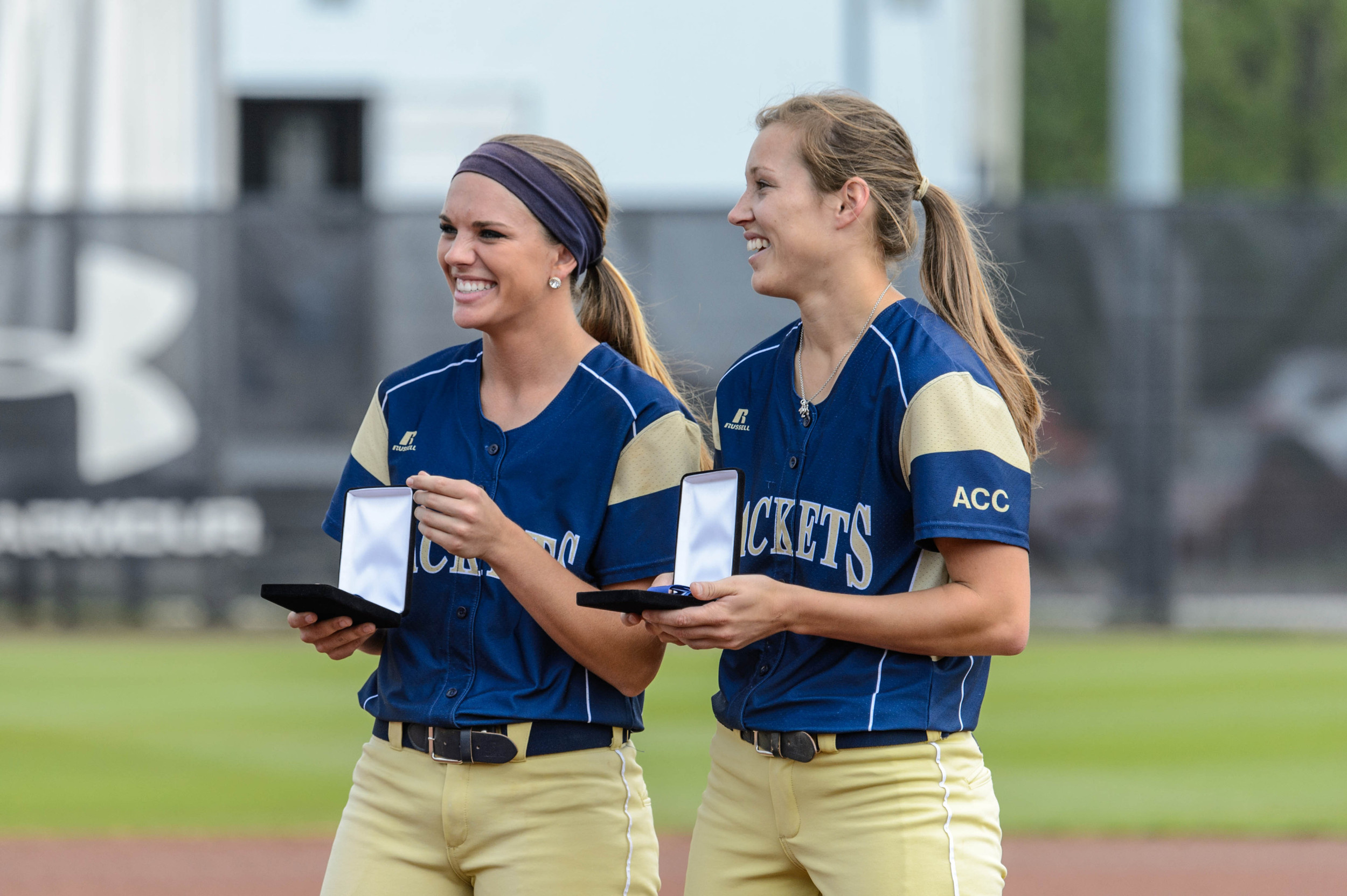 Maddie Lionberger (2) was recognized for first-team All-ACC honors and Ashley Thomas (5) was recognized for second-team All-ACC honors prior to the start of the game.