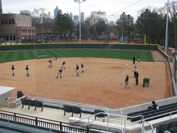 Softball team practices in its new stadium for the first time.