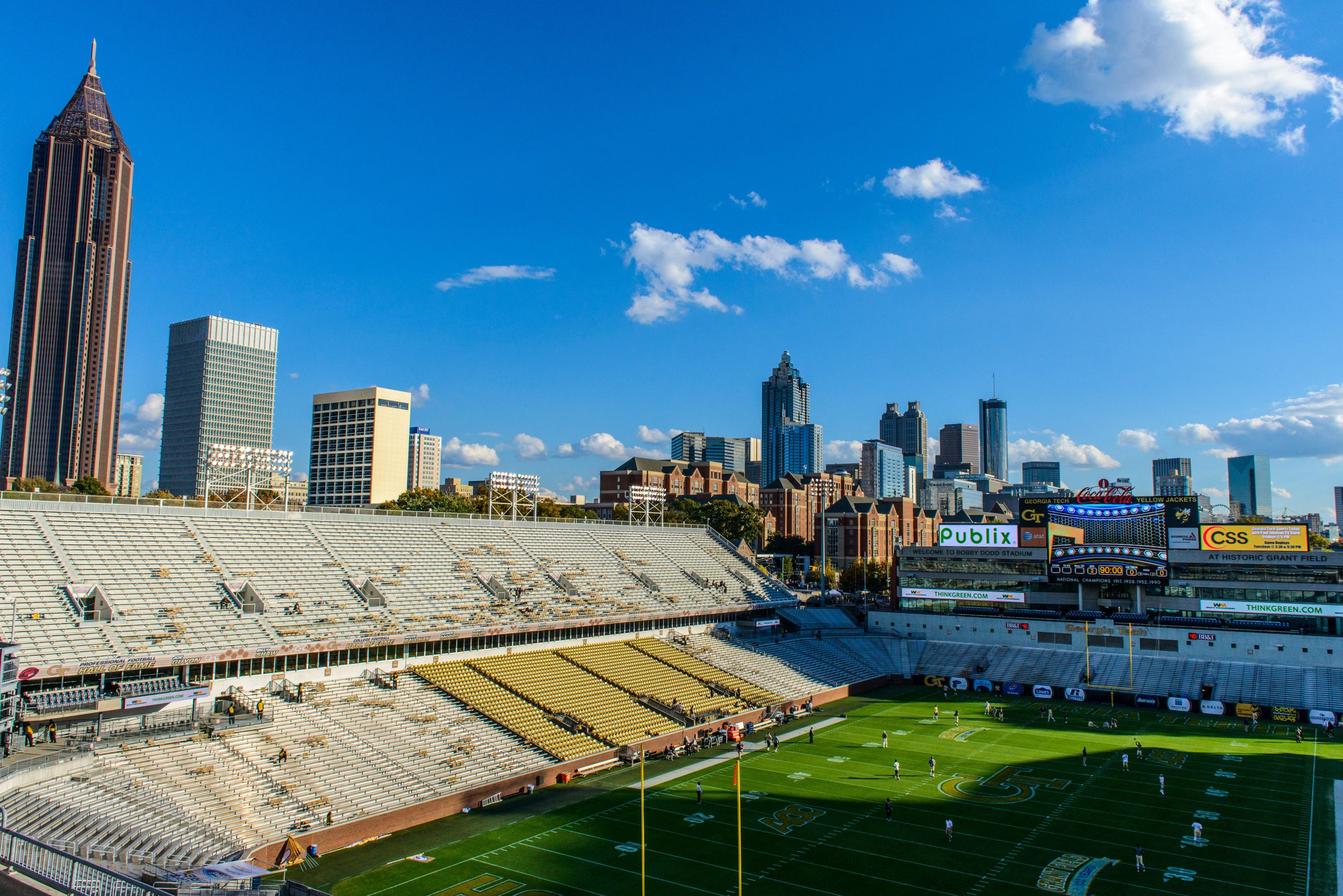 The Atlanta skyline is visible from the upper stands of Bobby Dodd Stadium prior to the game.