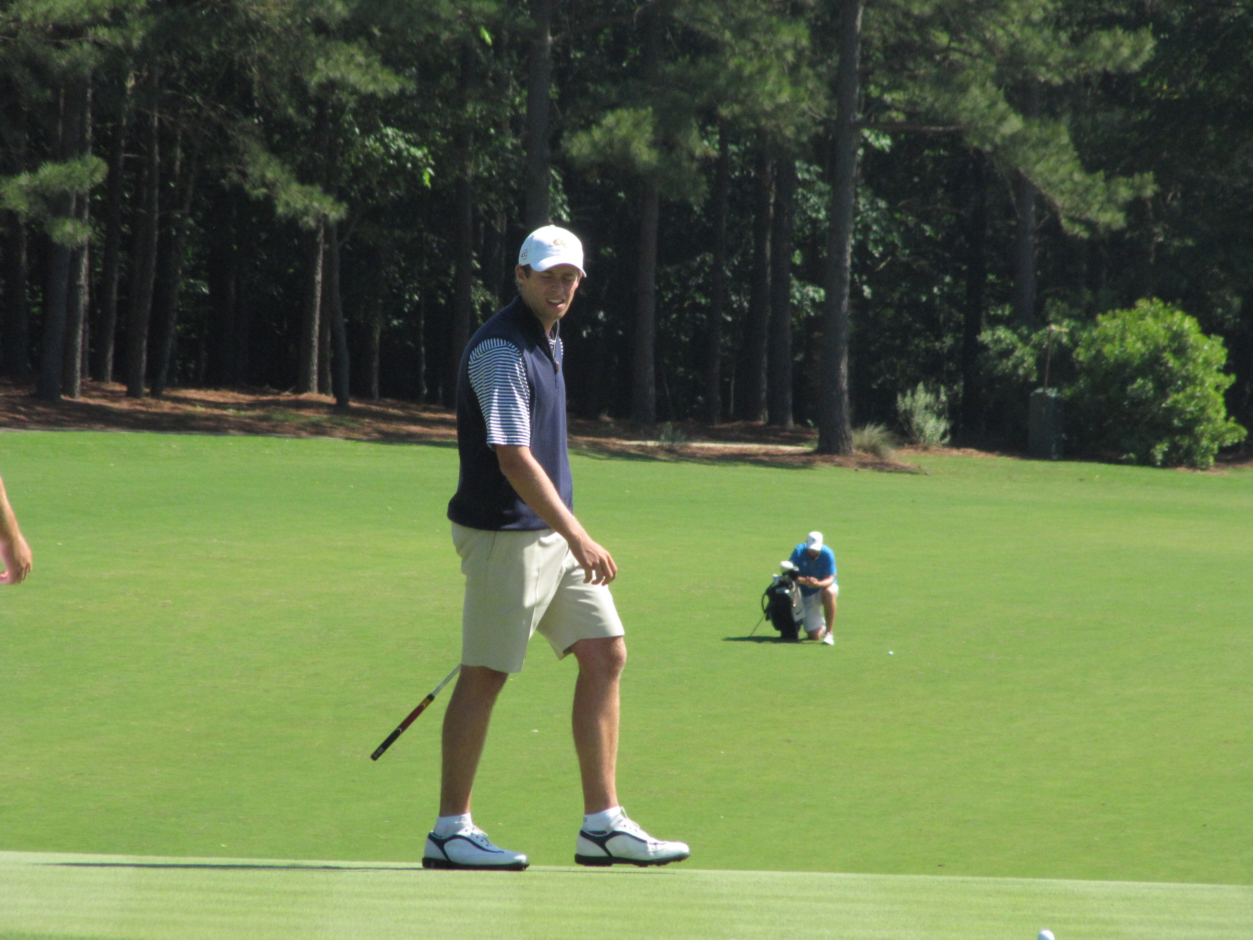 Bo Andrews paces the 3rd green during the final round of the NCAA Raleigh Regional.