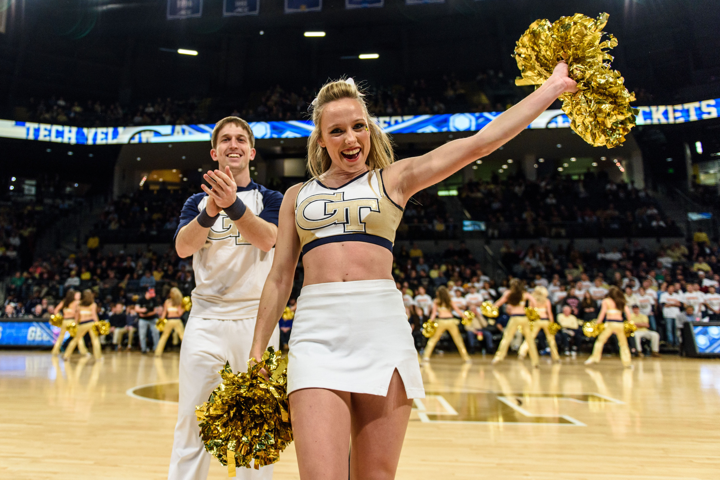 Georgia Tech Cheerleaders perform for the crowd during a timeout.