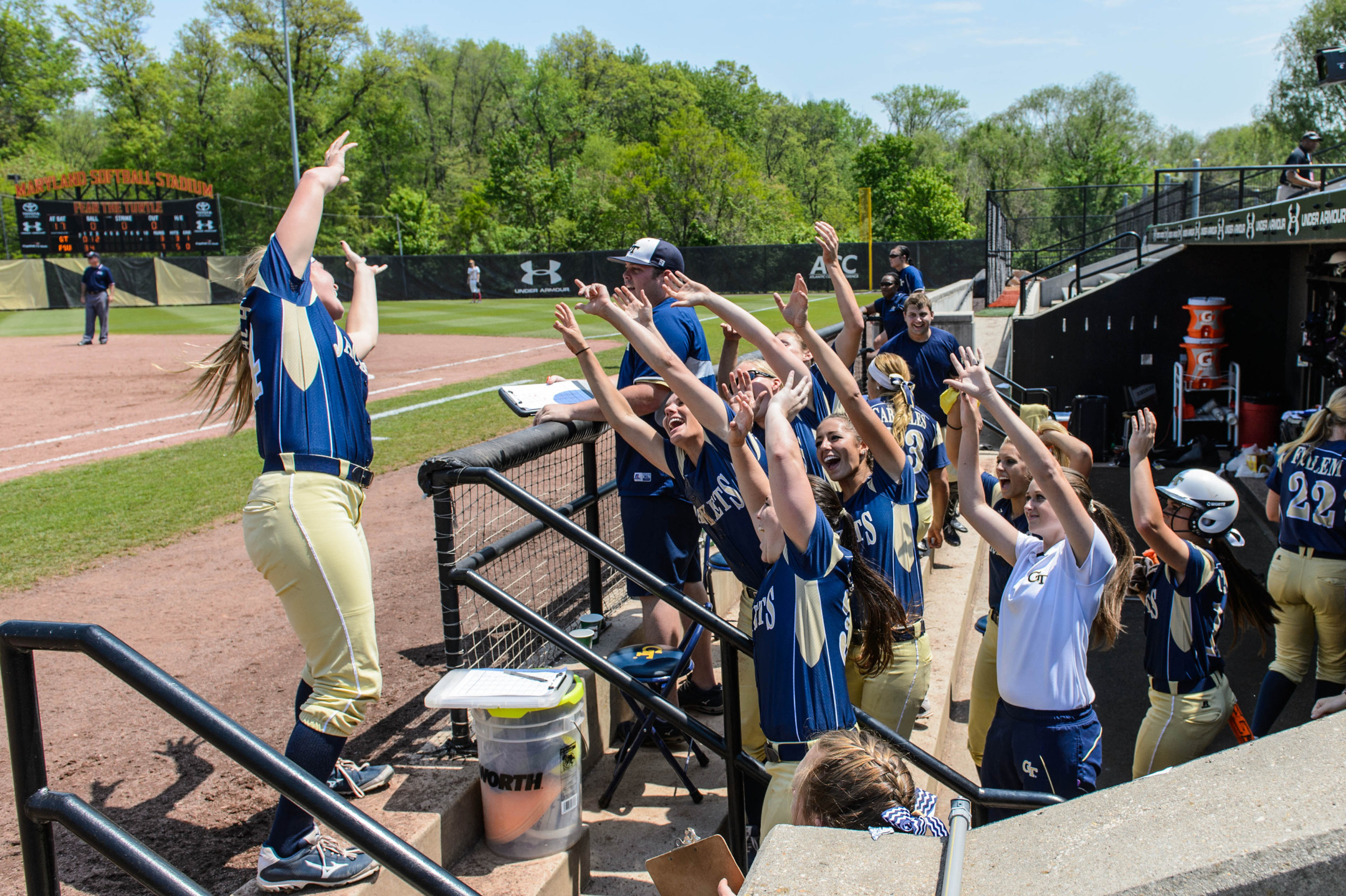 The dugout celebrates