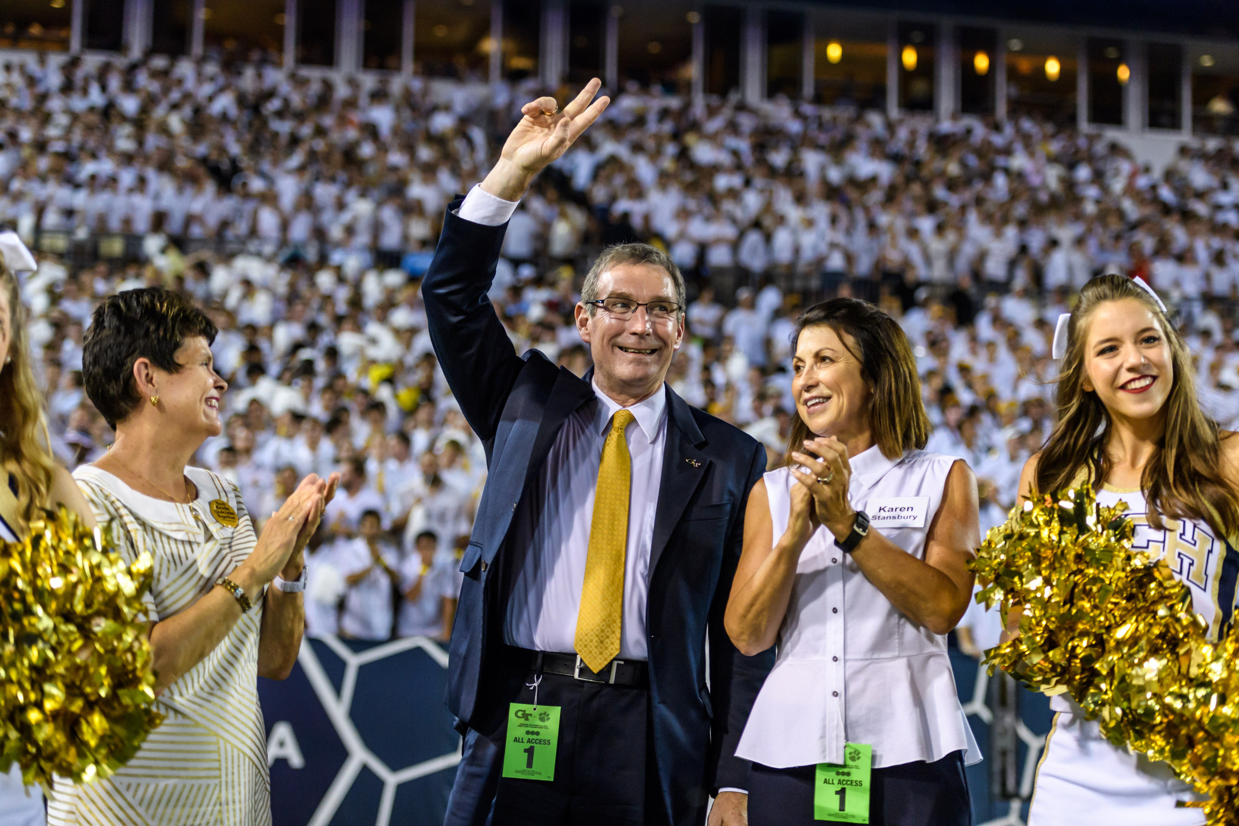 Todd Stansbury, the new AD, is cheered by the fans at Bobby Dodd Stadium on Sept. 22, 2016.