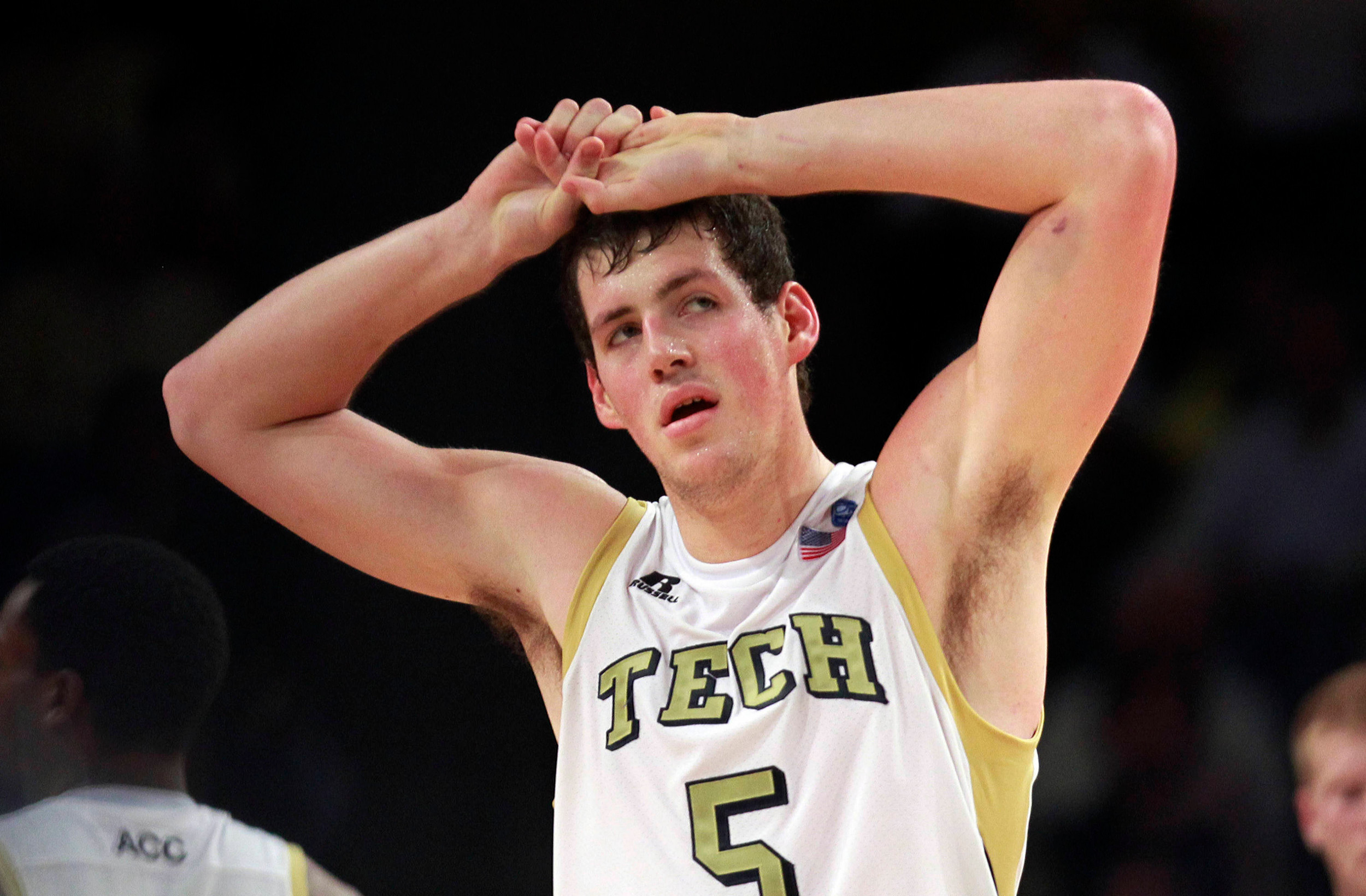 Georgia Tech center Daniel Miller (5) reacts in the second half. (AP Photo/John Bazemore)