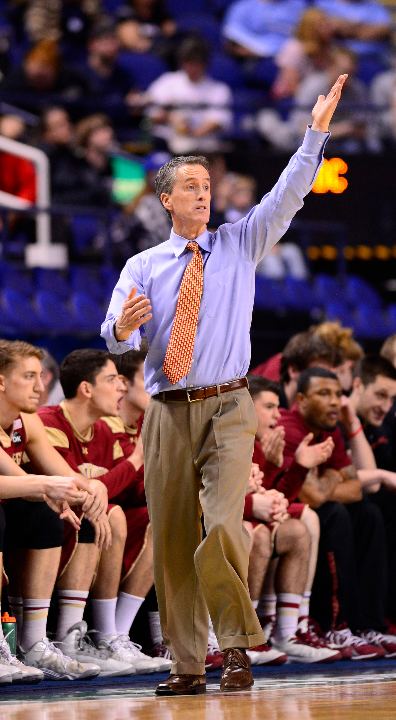 Mar 12, 2014; Greensboro, NC, USA; Boston College Eagles head coach Steve Donahue in the first half in the first round at Greensboro Coliseum. Mandatory Credit: Bob Donnan-USA TODAY Sports