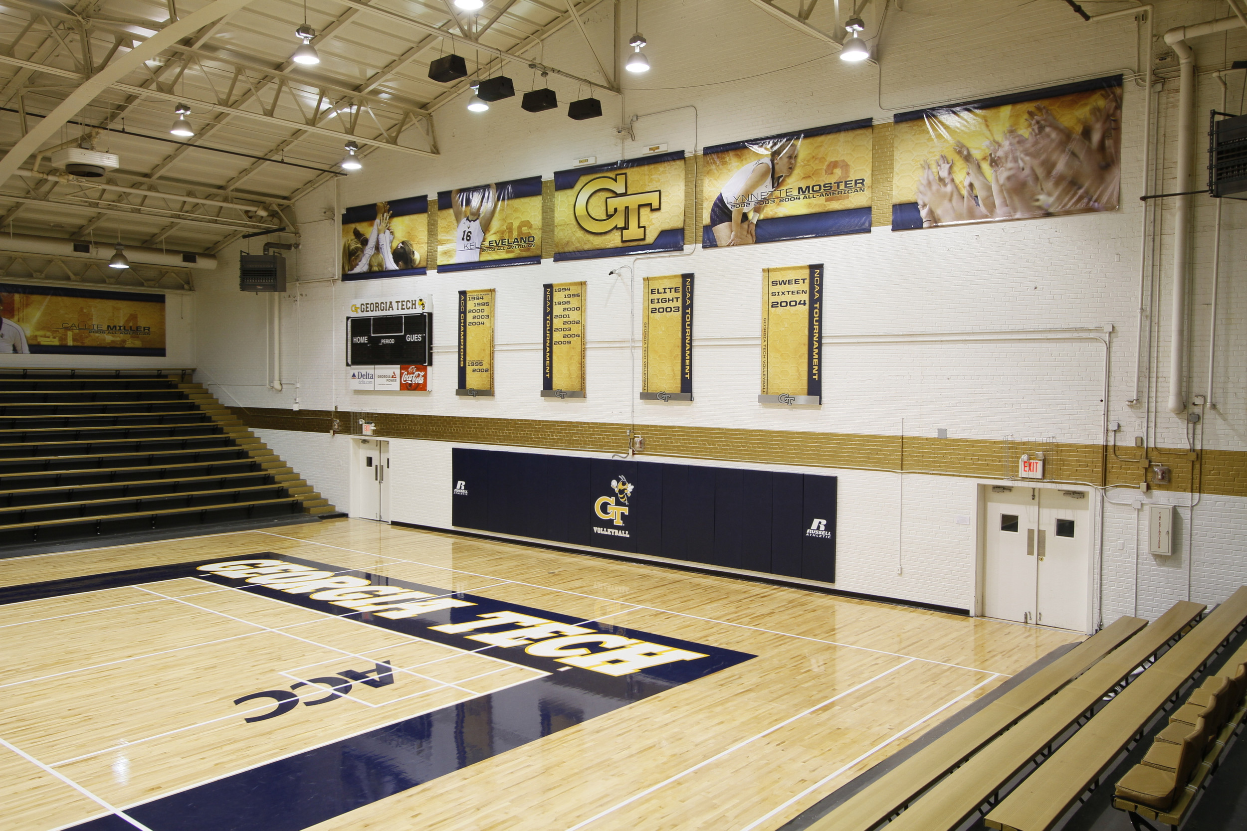 O'Keefe Gym has a new look with a new floor and banners.