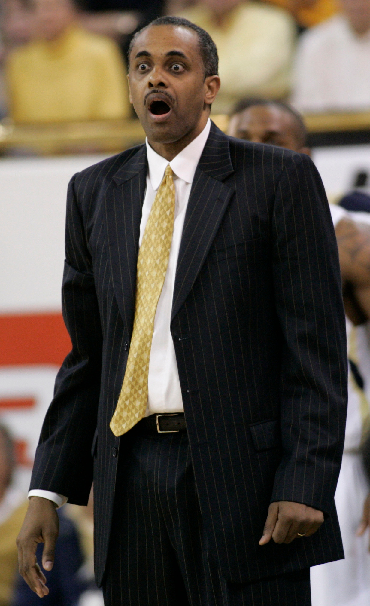 Georgia Tech head coach Paul Hewitt reacts to a traveling call on Matt Causey during the first half of a basketball game Sunday, Feb. 17, 2008, in Atlanta. Miami won, 64-63. (AP Photo/John Amis)
