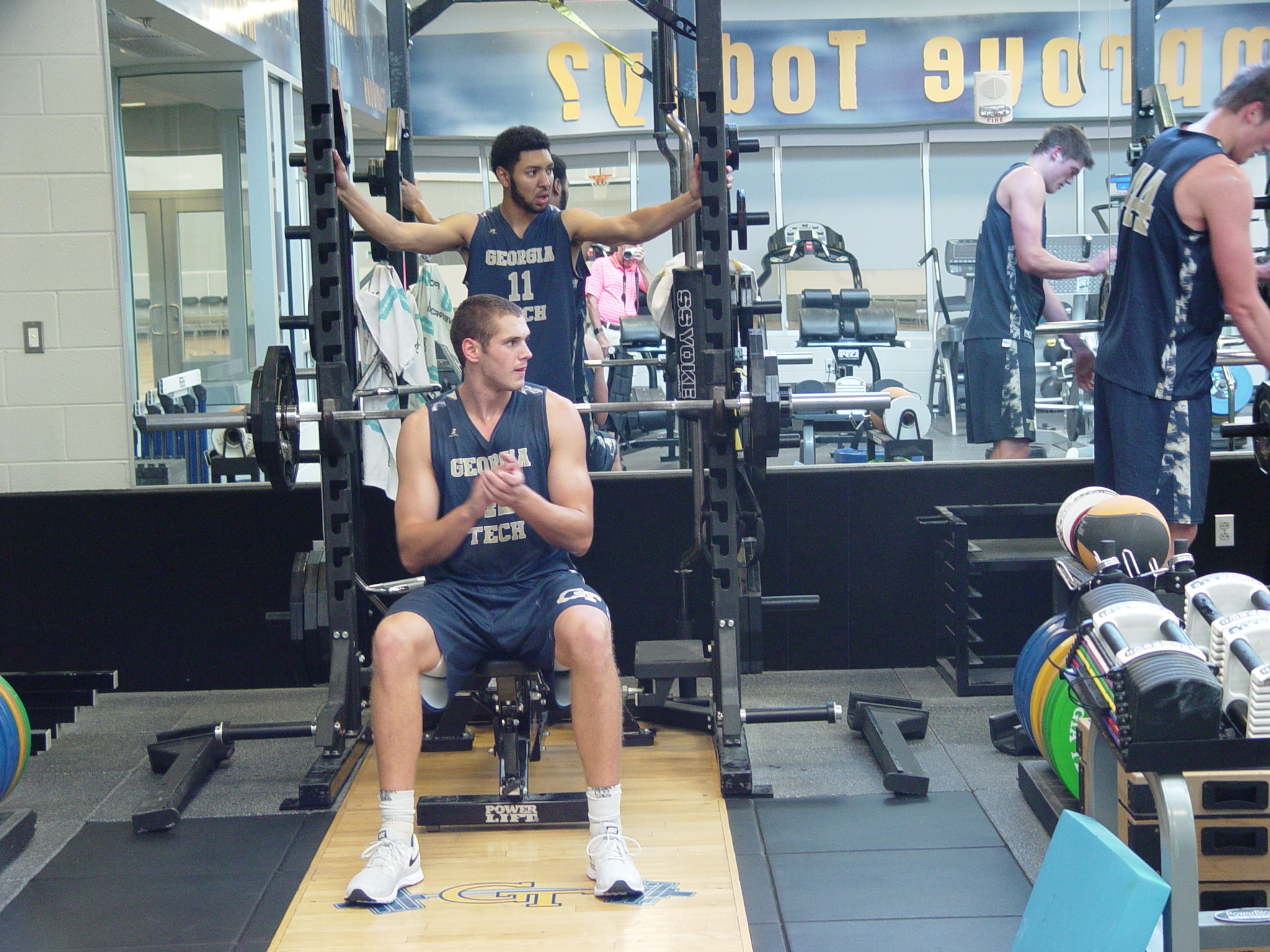 Player development coach Dan Taylor takes the Georgia Tech men's basketball team through a workout on June 16, 2016 in the Zelnak Center weight room.