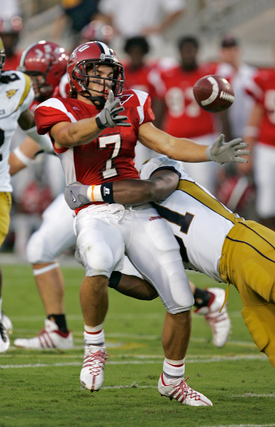 Georgia Tech's Brad Jefferson breaks up a pass intended for Jacksonville State's John Houston Whiddon (7) during the first quarter of a college football game Thursday, Aug. 28, 2008 in Atlanta. (AP Photo/John Bazemore)