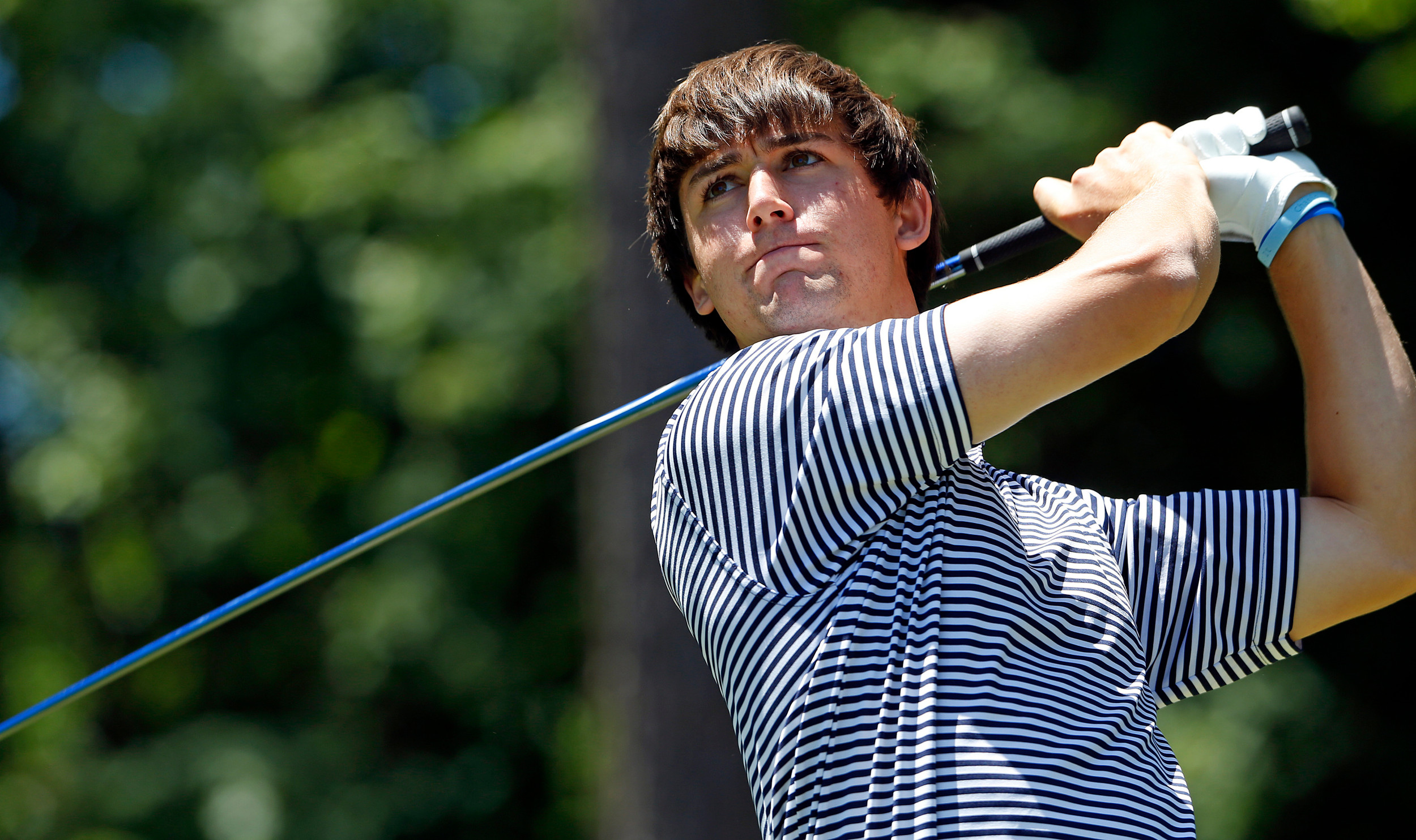 Ollie Schniederjans watches the flight of his ball during the final round Saturday at the NCAA Raleigh Regional
