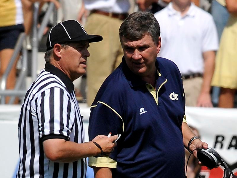 Coach Paul Johnson in discussion with an official during the Duke game.
