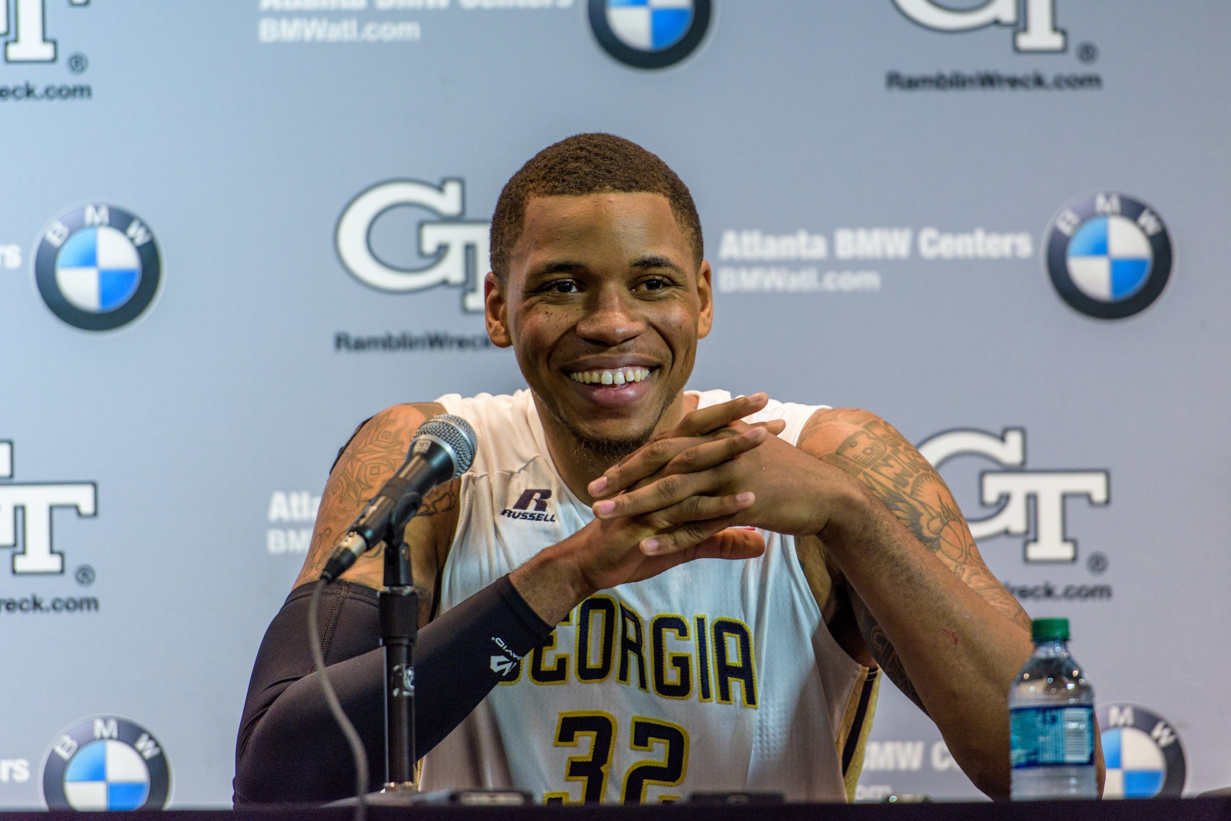 Nick Jacobs (32) talks to the media in the postgame press conference
