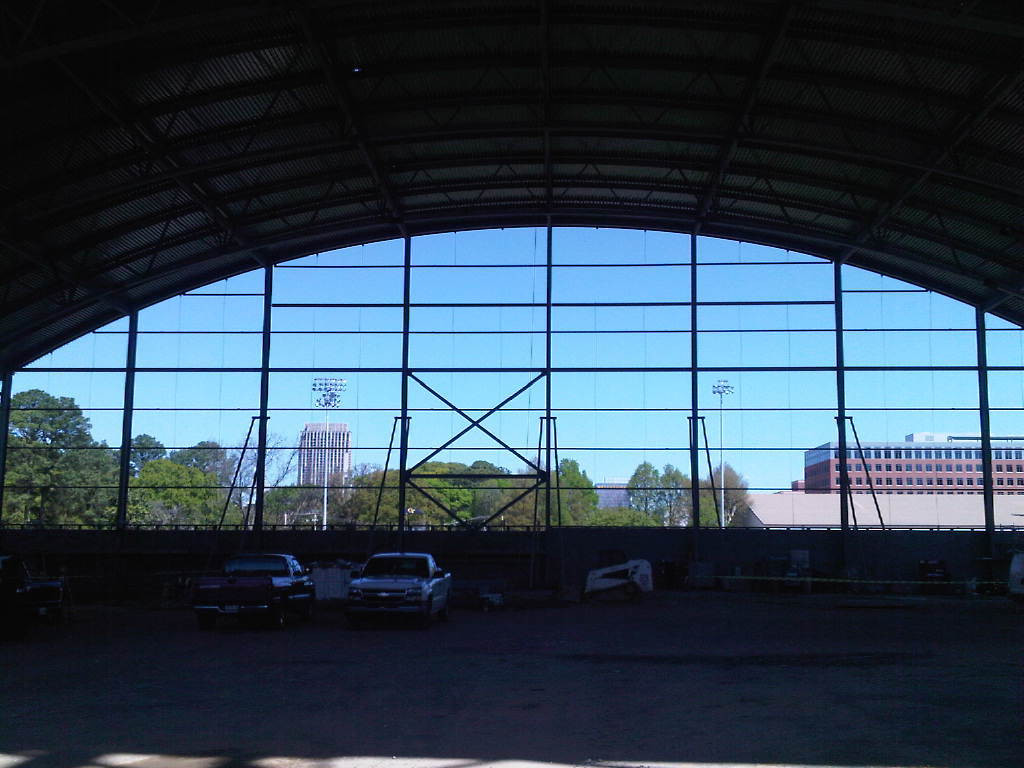 Week 14 - Photo taken on April 6, 2011 - Underneath the recently constructed roofing of the indoor practice facility
