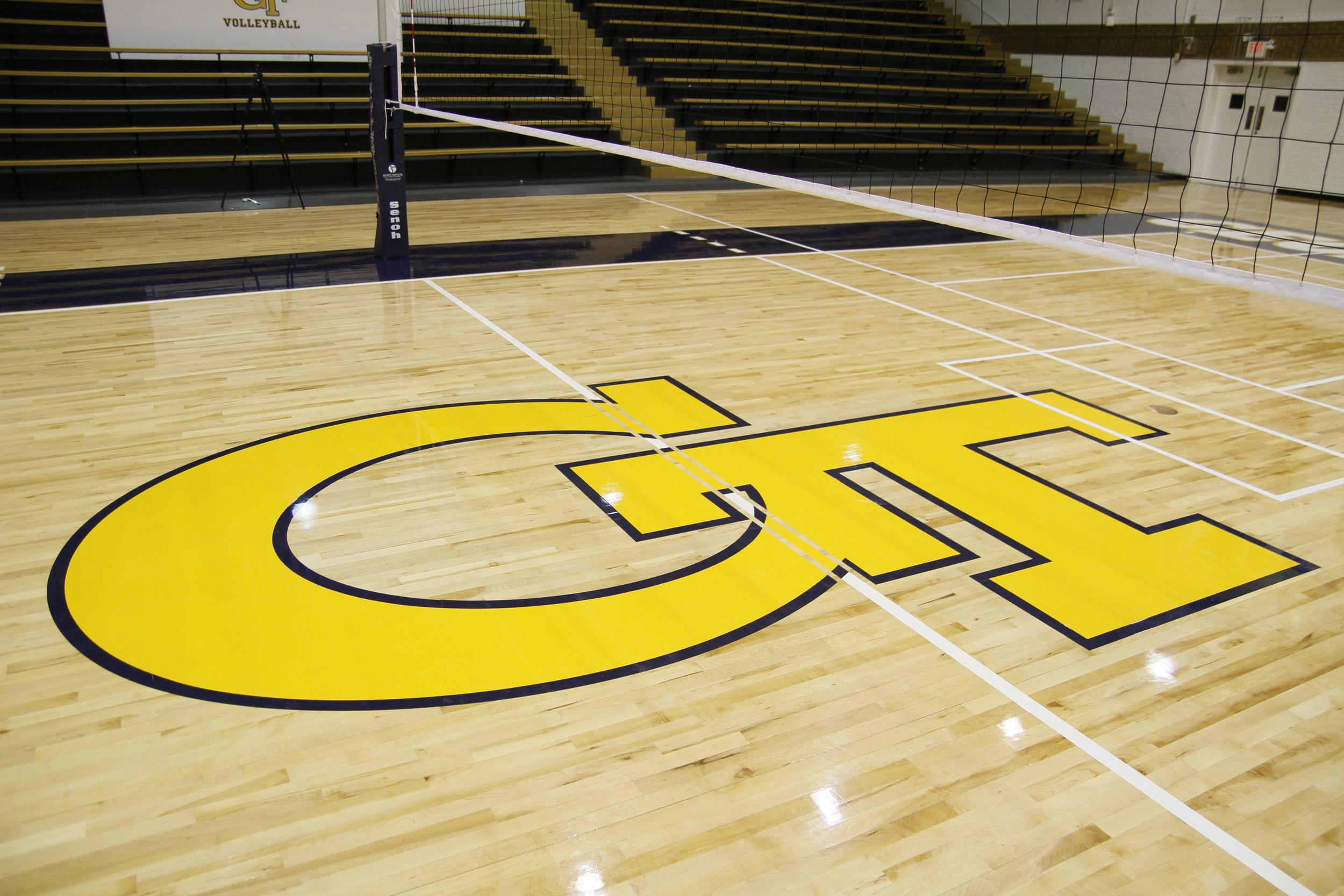 O'Keefe Gym has a new look with a new floor and banners.