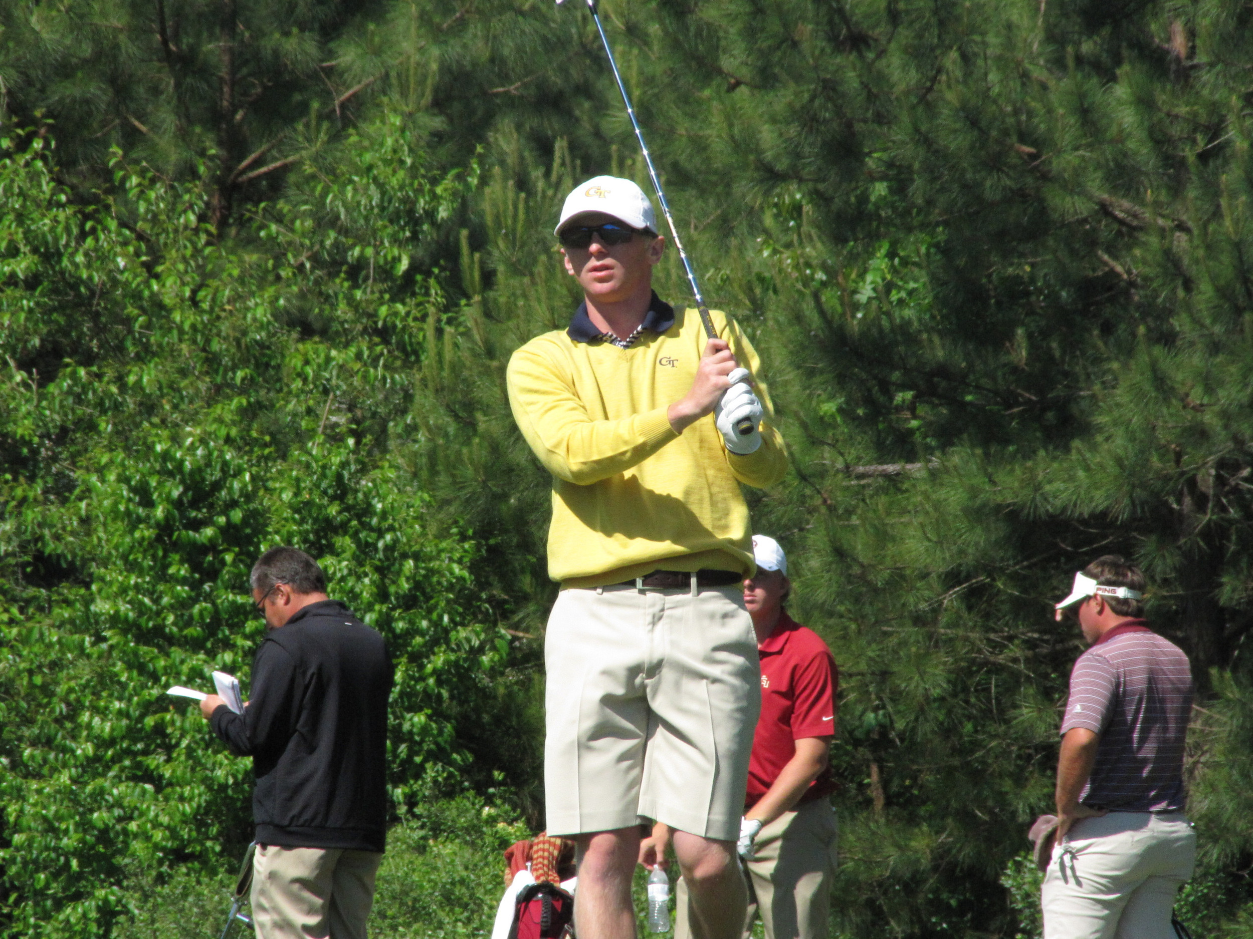Anders Albertson watches his tee shot at the 4th hole during the final round of the NCAA Raleigh Regional.