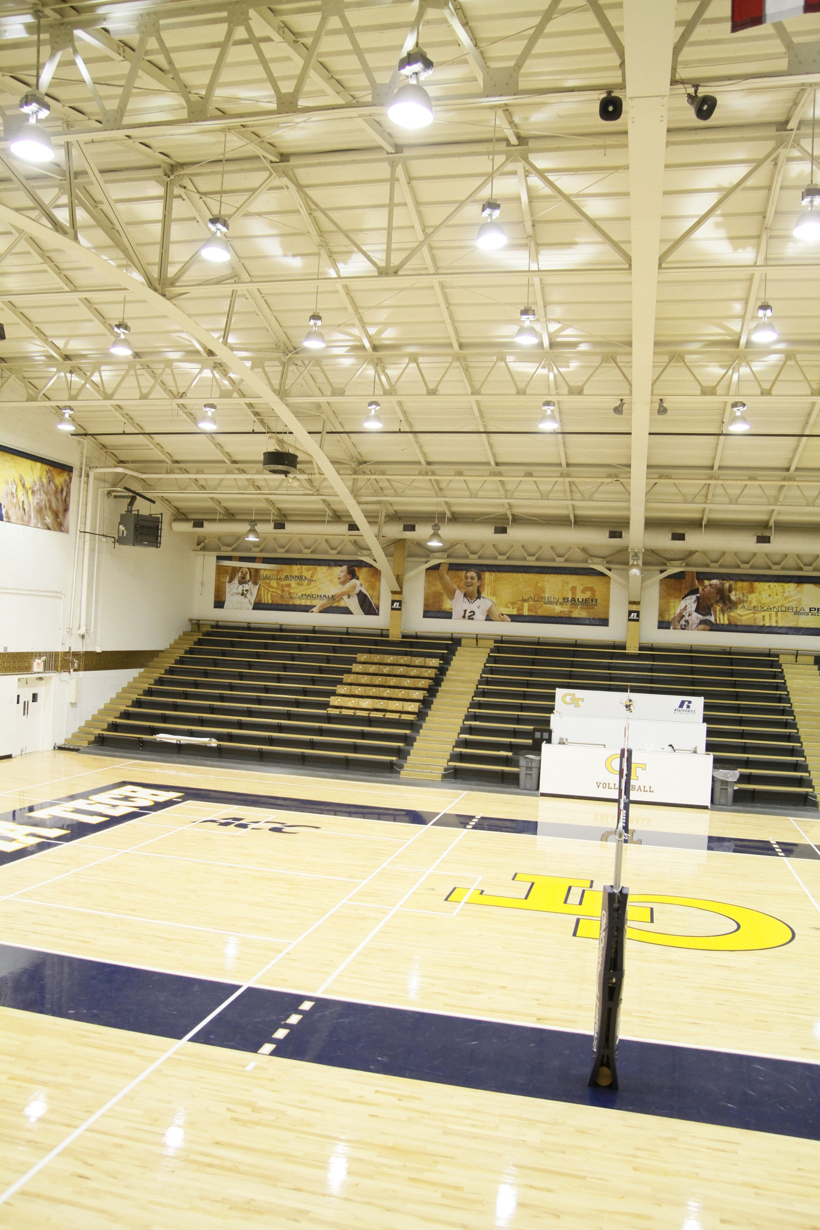 O'Keefe Gym has a new look with a new floor and banners.