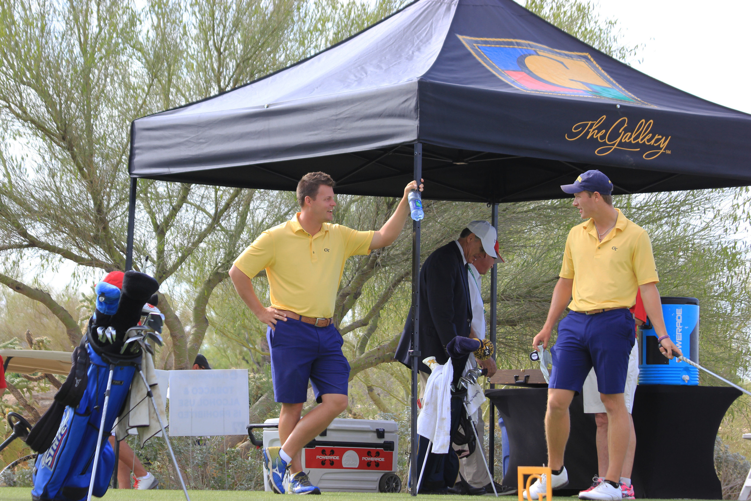 Assistant coach Jeff Pierce and Vincent Whaley during the second round of the NCAA Tucson Golf Regional, Gallery Golf Club, Marana, Ariz.