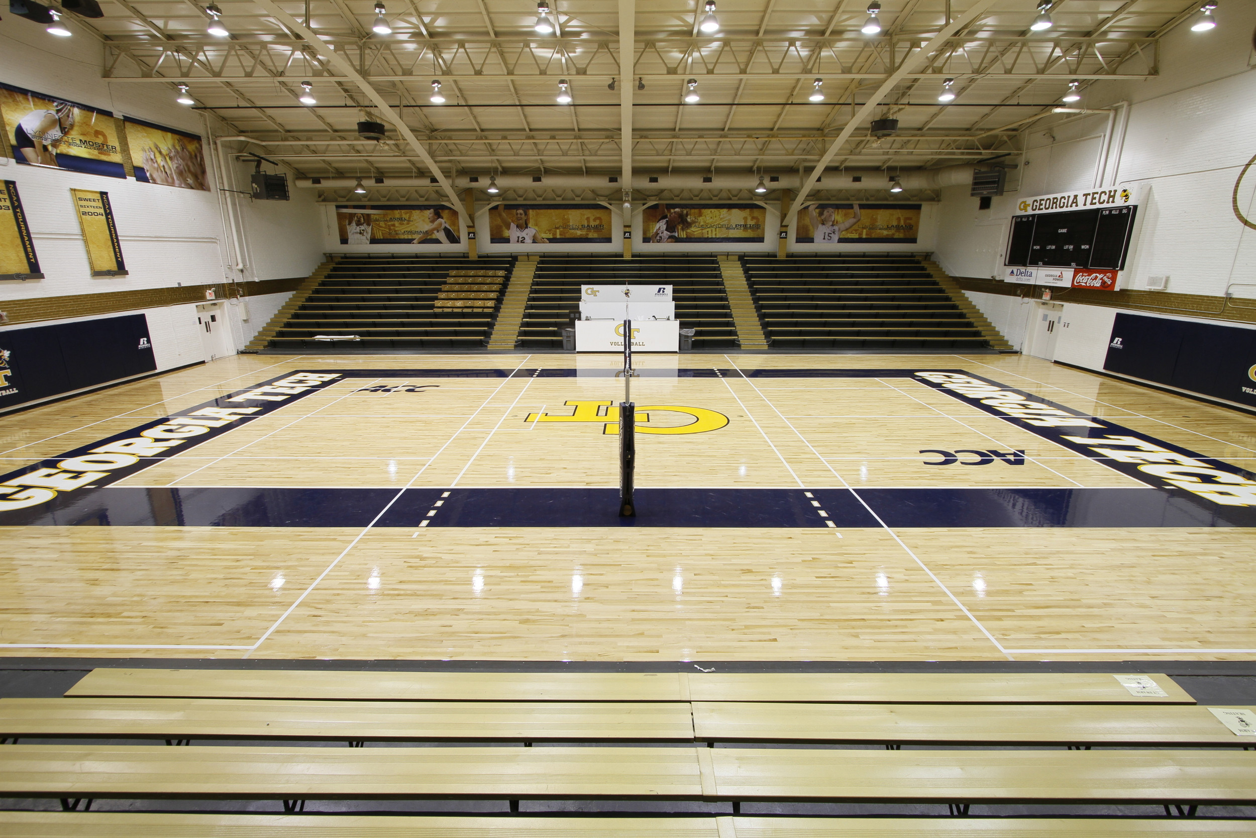 O'Keefe Gym has a new look with a new floor and banners.