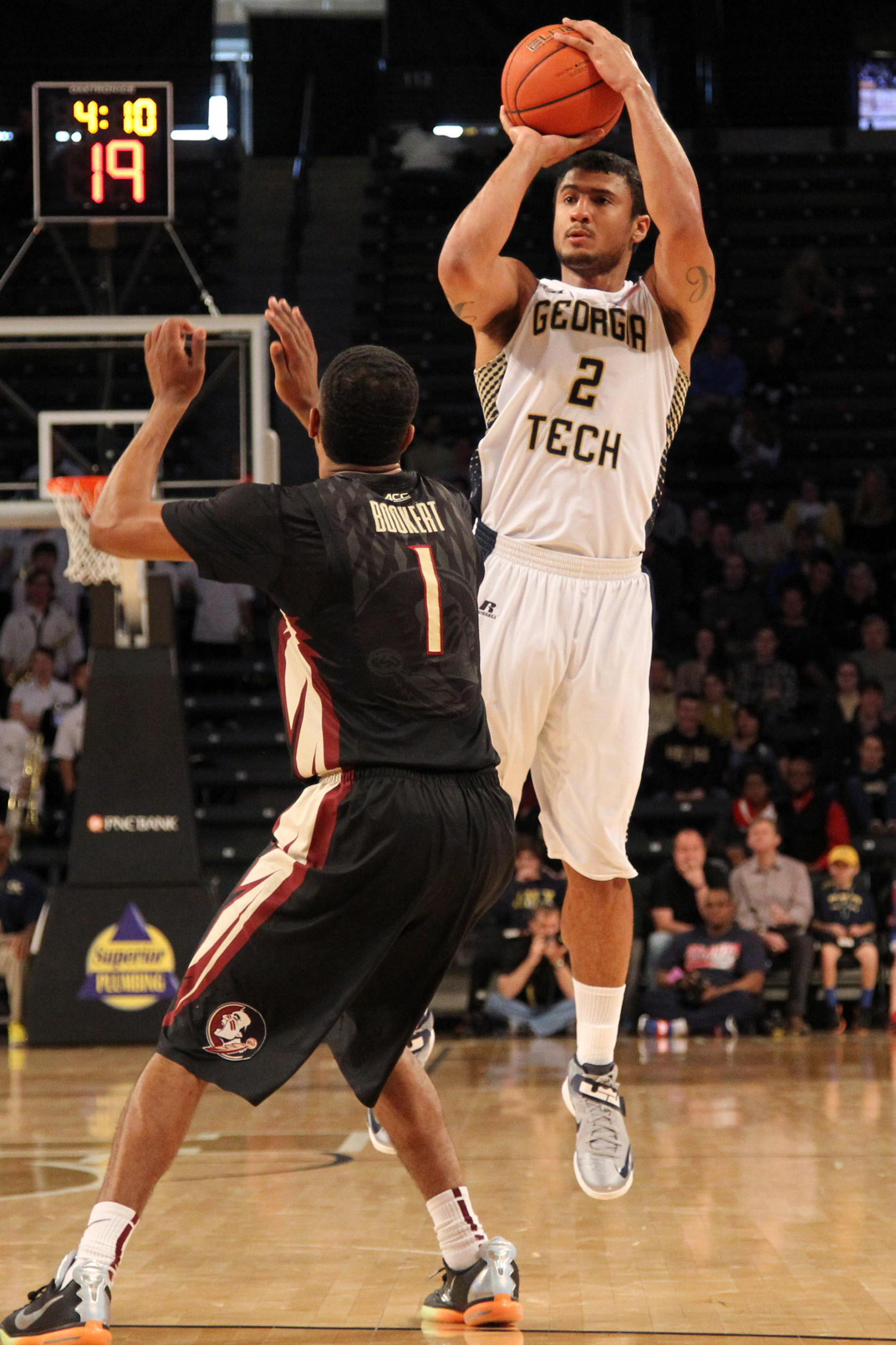 Feb 14, 2015; Atlanta, GA, USA; Georgia Tech Yellow Jackets guard Chris Bolden (2) shoots the ball against the Florida State Seminoles in the second half at McCamish Pavilion. Florida State defeated Georgia Tech 57-53.