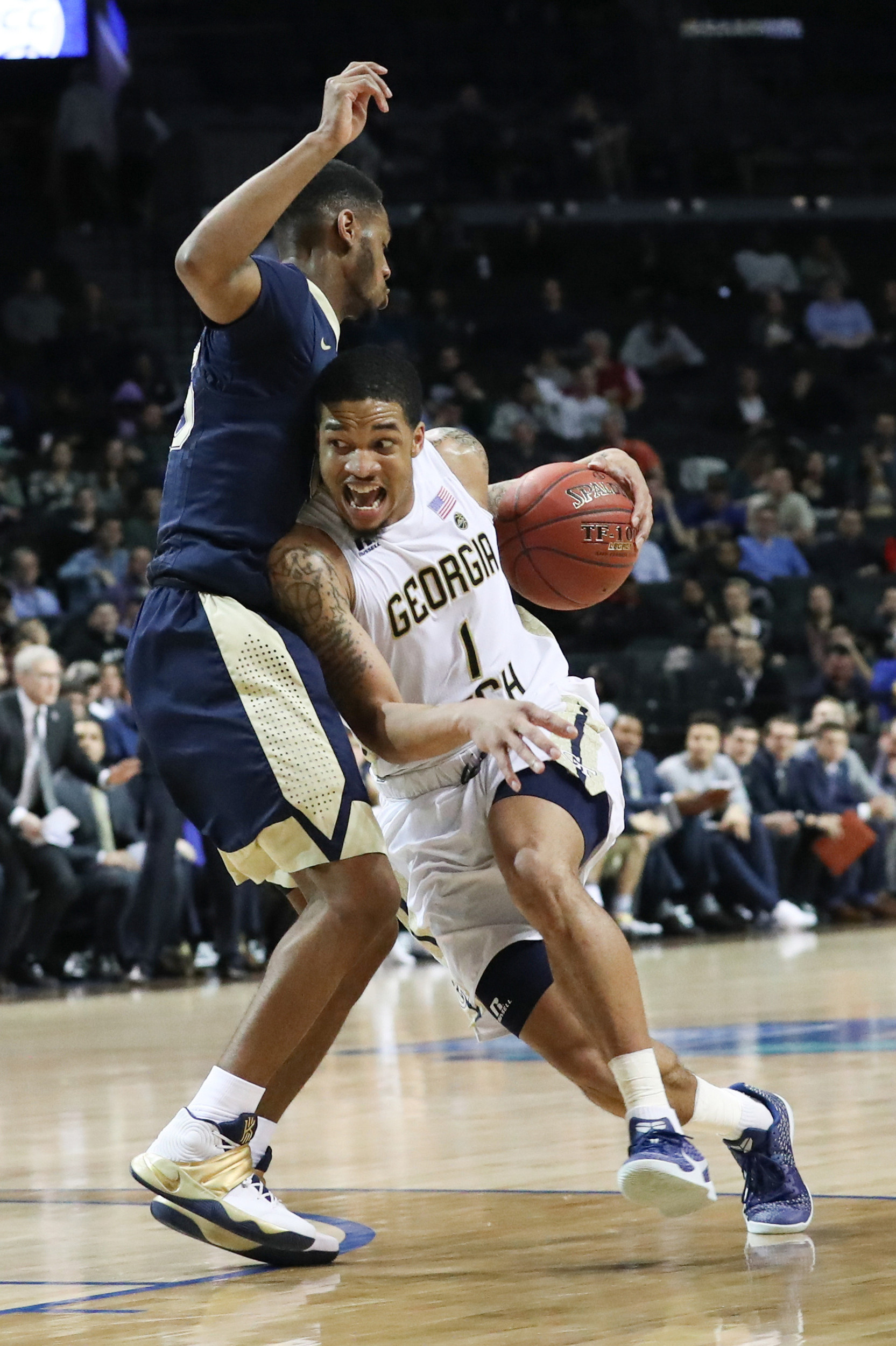 Guard Tadric Jackson drives against Pittsburgh Panthers guard Jonathan Milligan during the second half during the ACC Conference Tournament at Barclays Center. Credit: Anthony Gruppuso-USA TODAY Sports