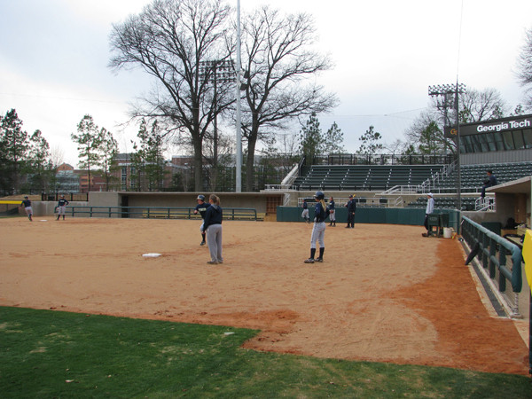 Softball team practices in its new stadium for the first time.