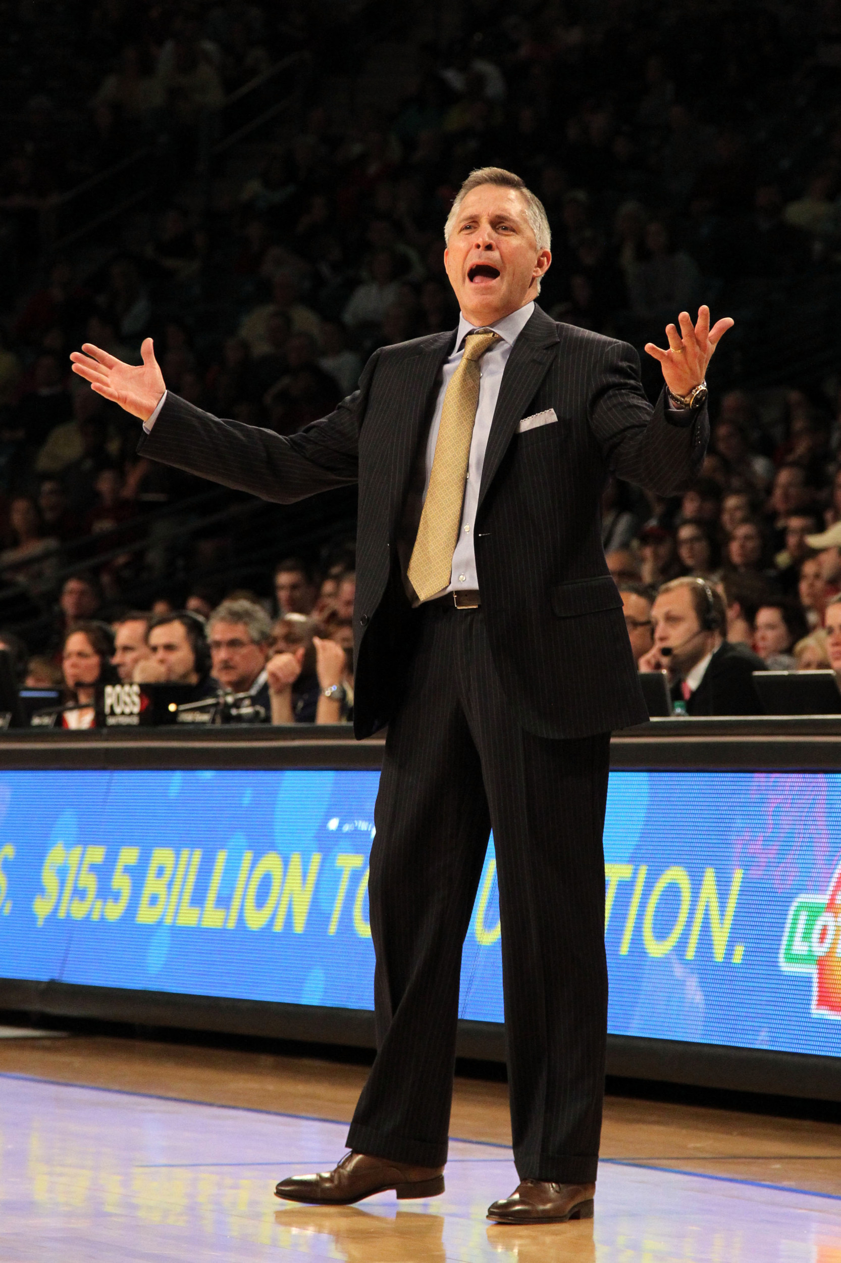 Feb 14, 2015; Atlanta, GA, USA; Georgia Tech Yellow Jackets head coach Brian Gregory coaches against the Florida State Seminoles in the first half at McCamish Pavilion.