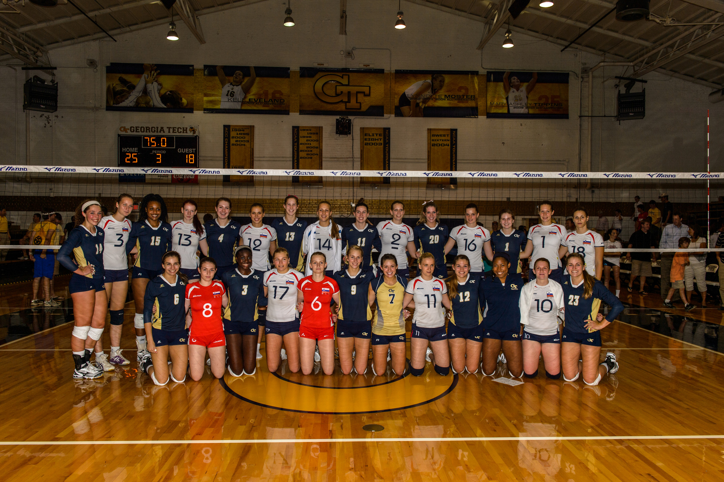 The Slovenian Junior National Team and the Georgia Tech Volleyball Team pose for a picture after the exhibition