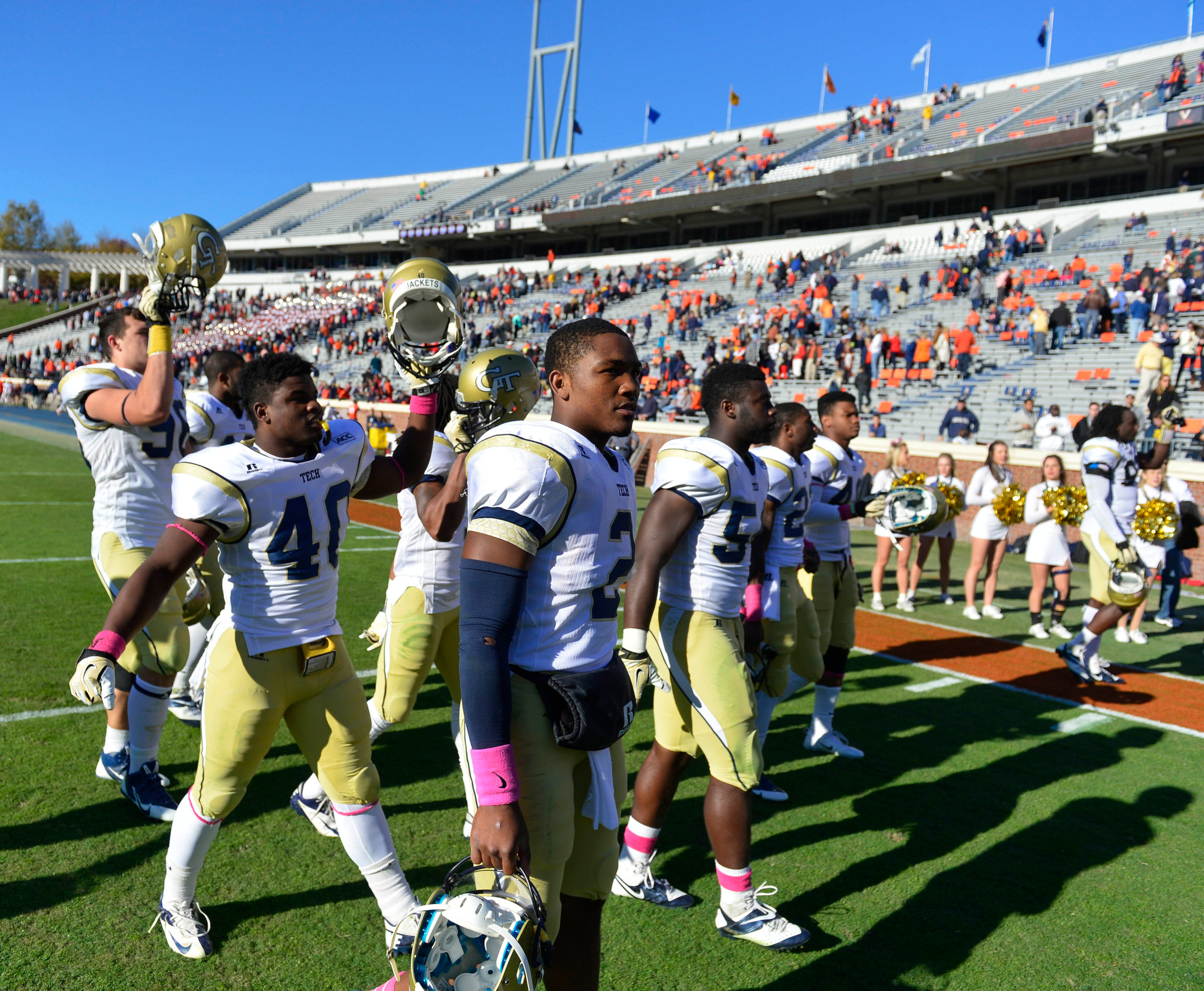 Georgia Tech Yellow Jackets players leave the field after the game including linebacker Paul Davis (40) and quarterback Vad Lee (2) and linebacker Quayshawn Nealy (54). Mandatory Credit: Bob Donnan-USA TODAY Sports