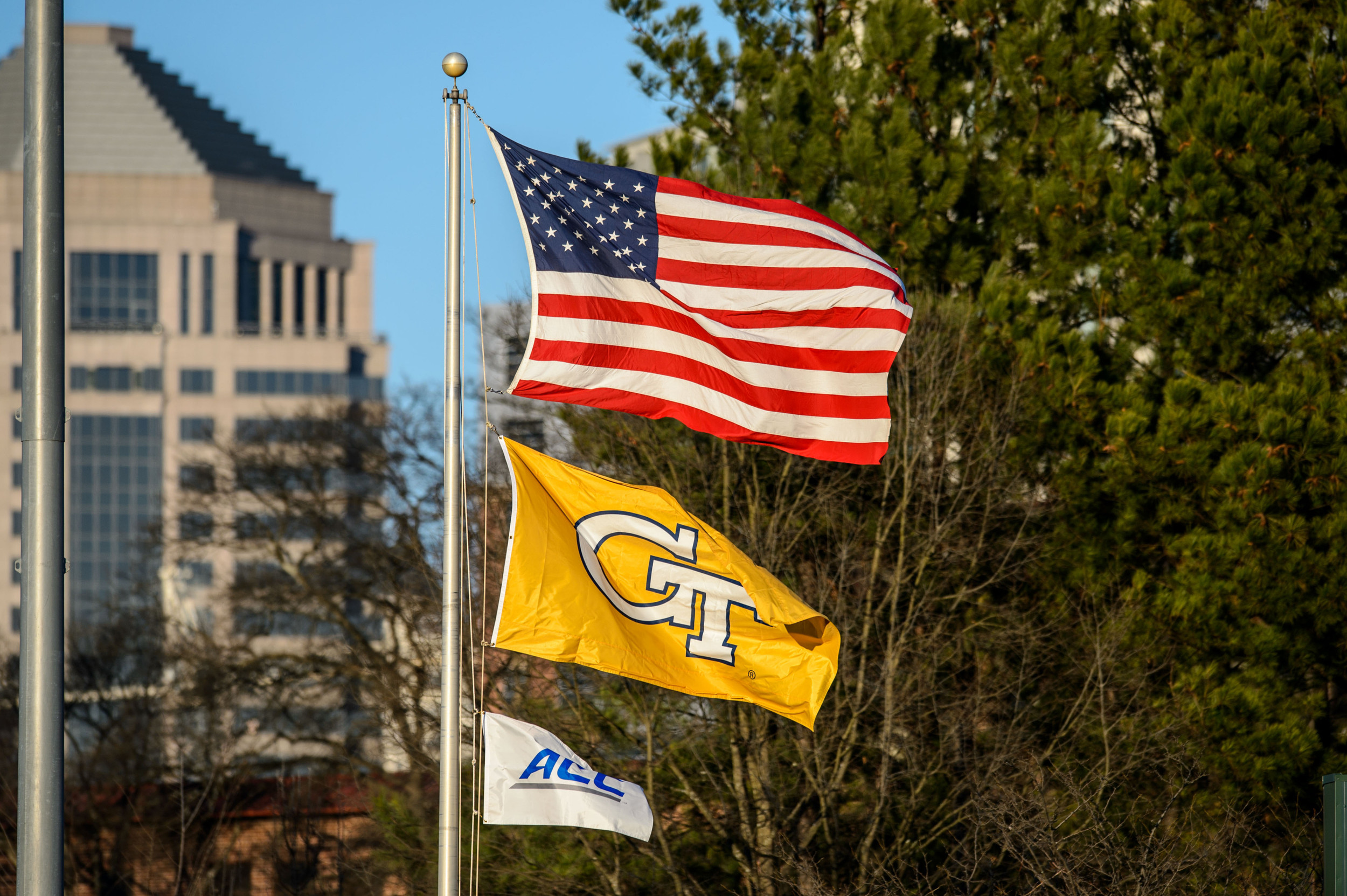 Flags fly in the outfield at the Rusty C