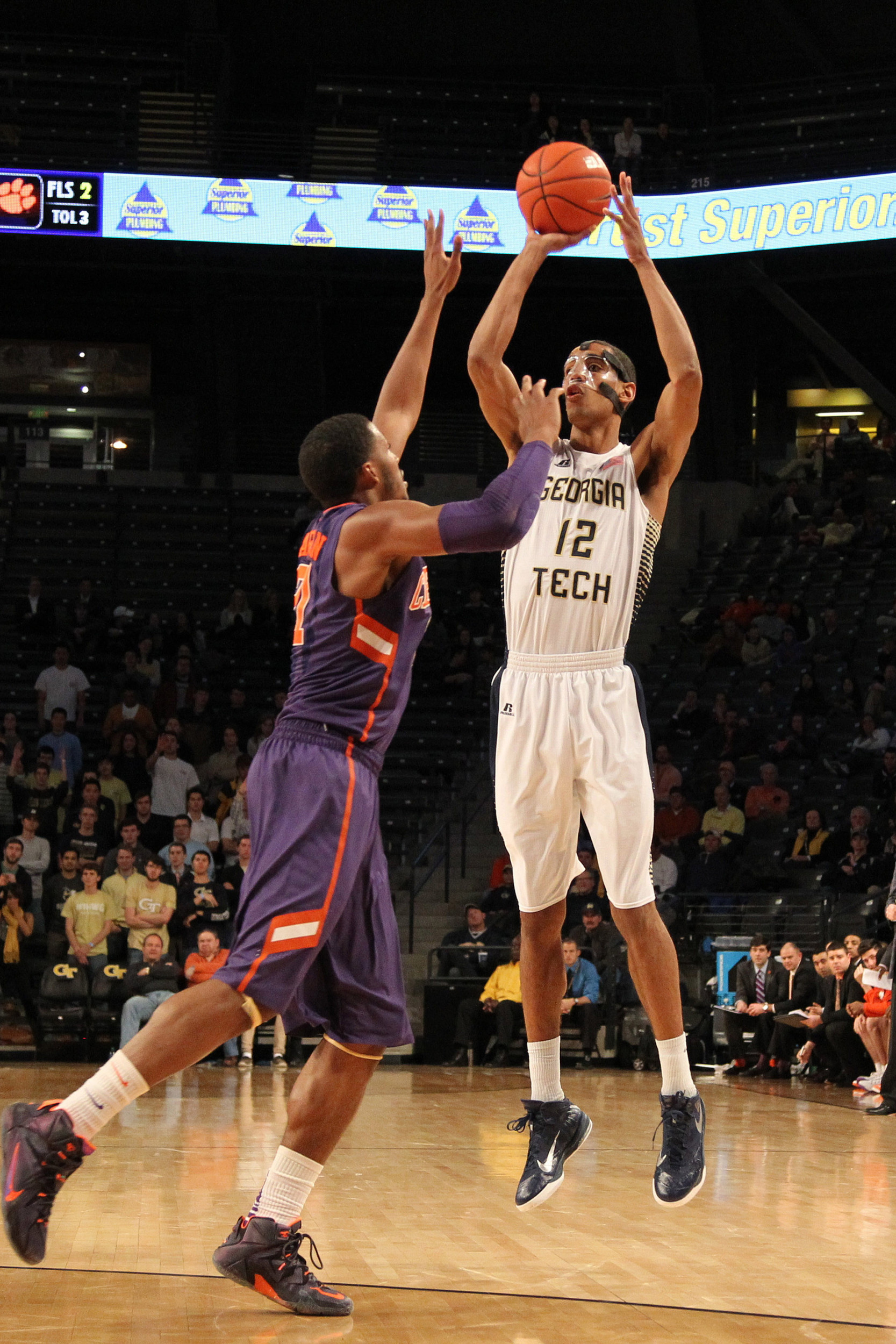 Georgia Tech Yellow Jackets forward Quinton Stephens (12) shoots the ball against the Clemson Tigers in the second half at McCamish Pavilion. Georgia Tech defeated Clemson 63-52. Mandatory Credit: Brett Davis-USA TODAY Sports