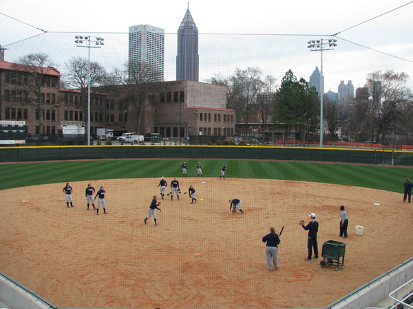 Softball team practices in its new stadium for the first time.
